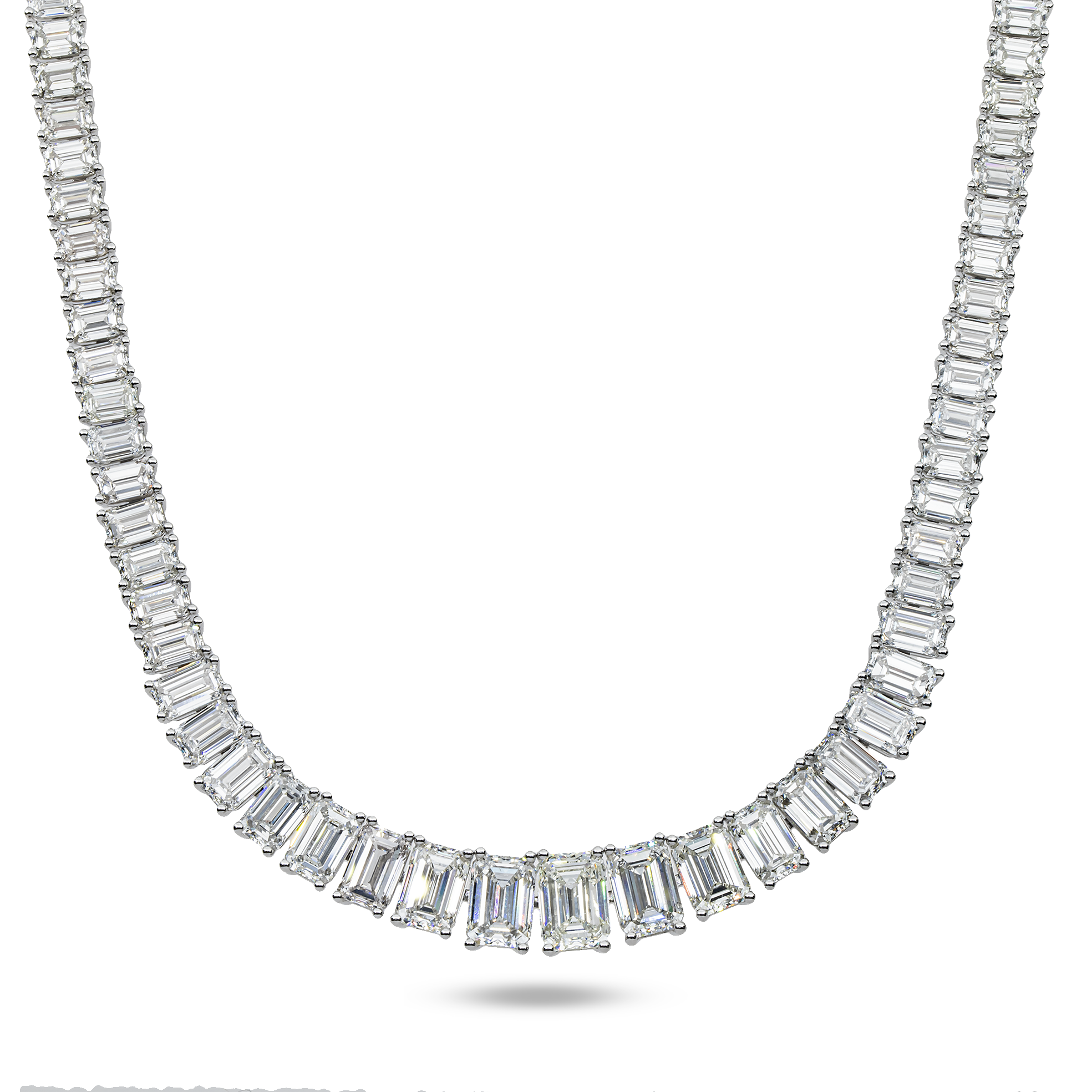 14K White Gold Graduated Emerald Cut Diamond Tennis Necklace 60.85ct