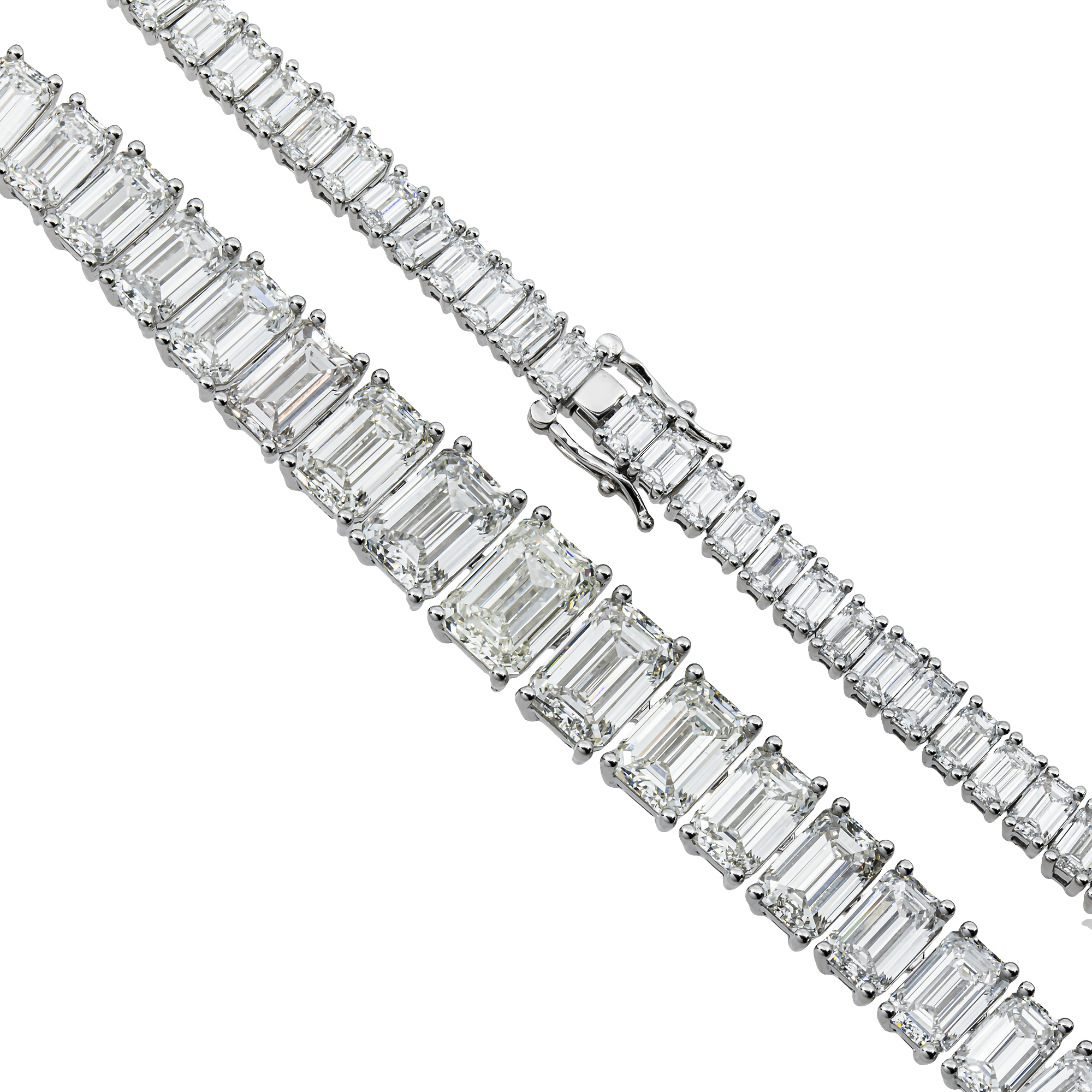 14K White Gold Graduated Emerald Cut Diamond Tennis Necklace 60.85ct