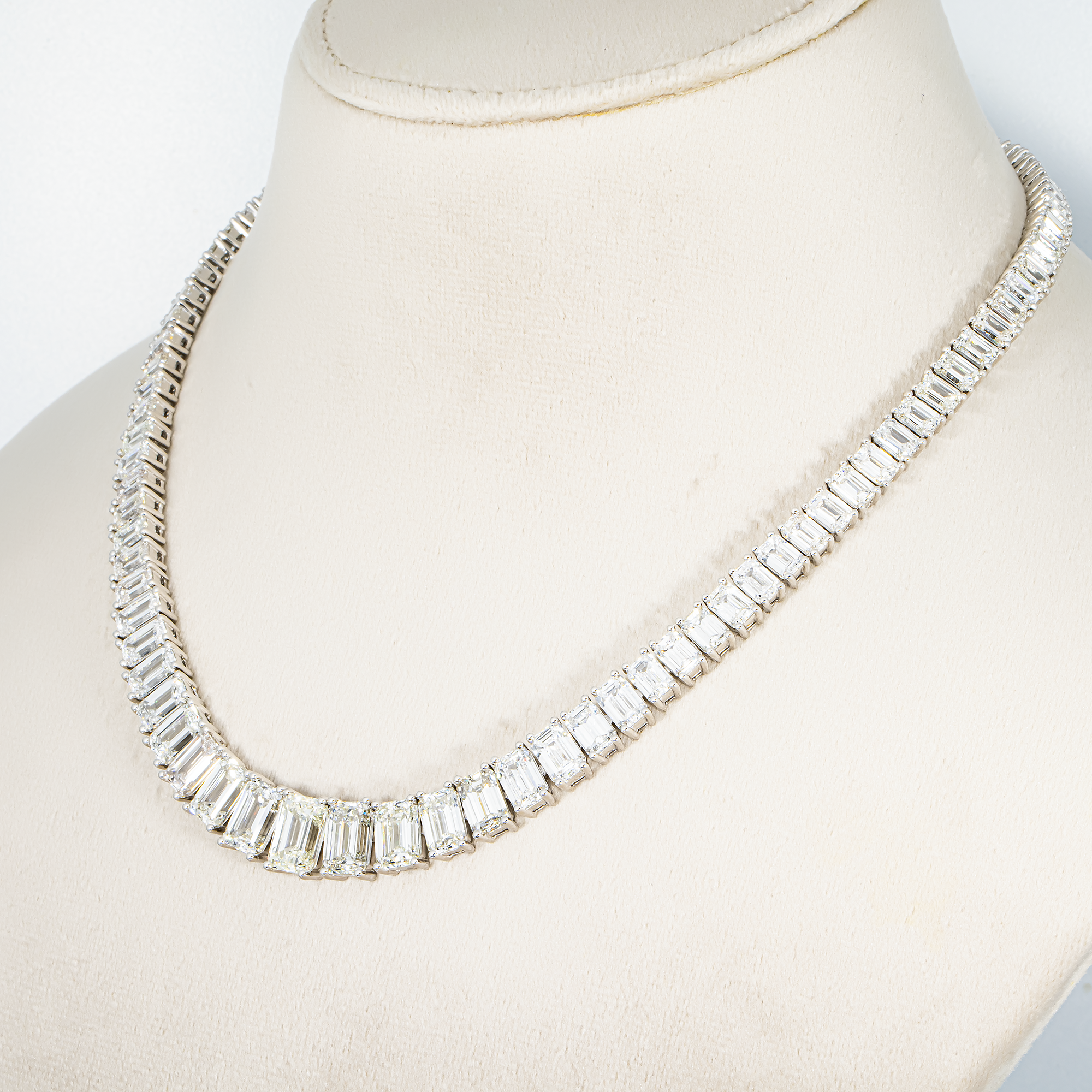 14K White Gold Graduated Emerald Cut Diamond Tennis Necklace 60.85ct