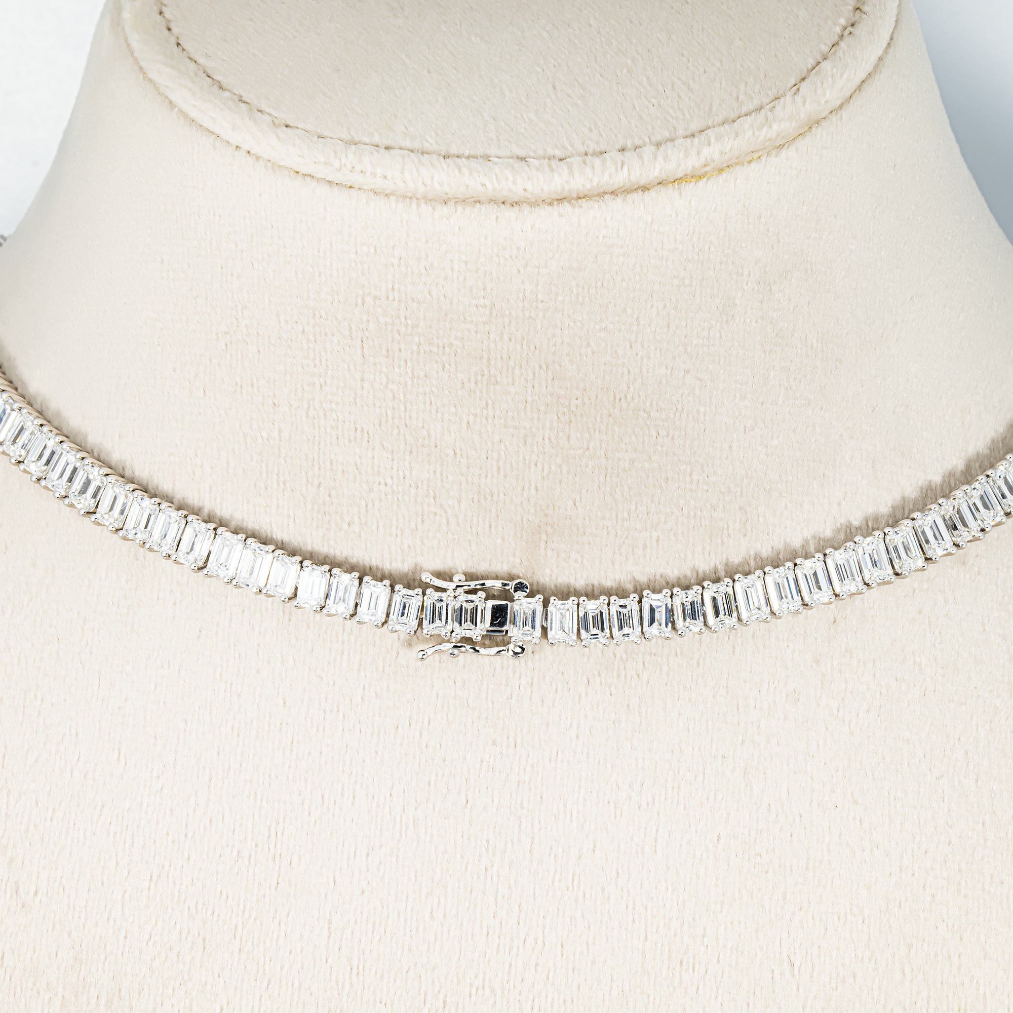 14K White Gold Graduated Emerald Cut Diamond Tennis Necklace 60.85ct