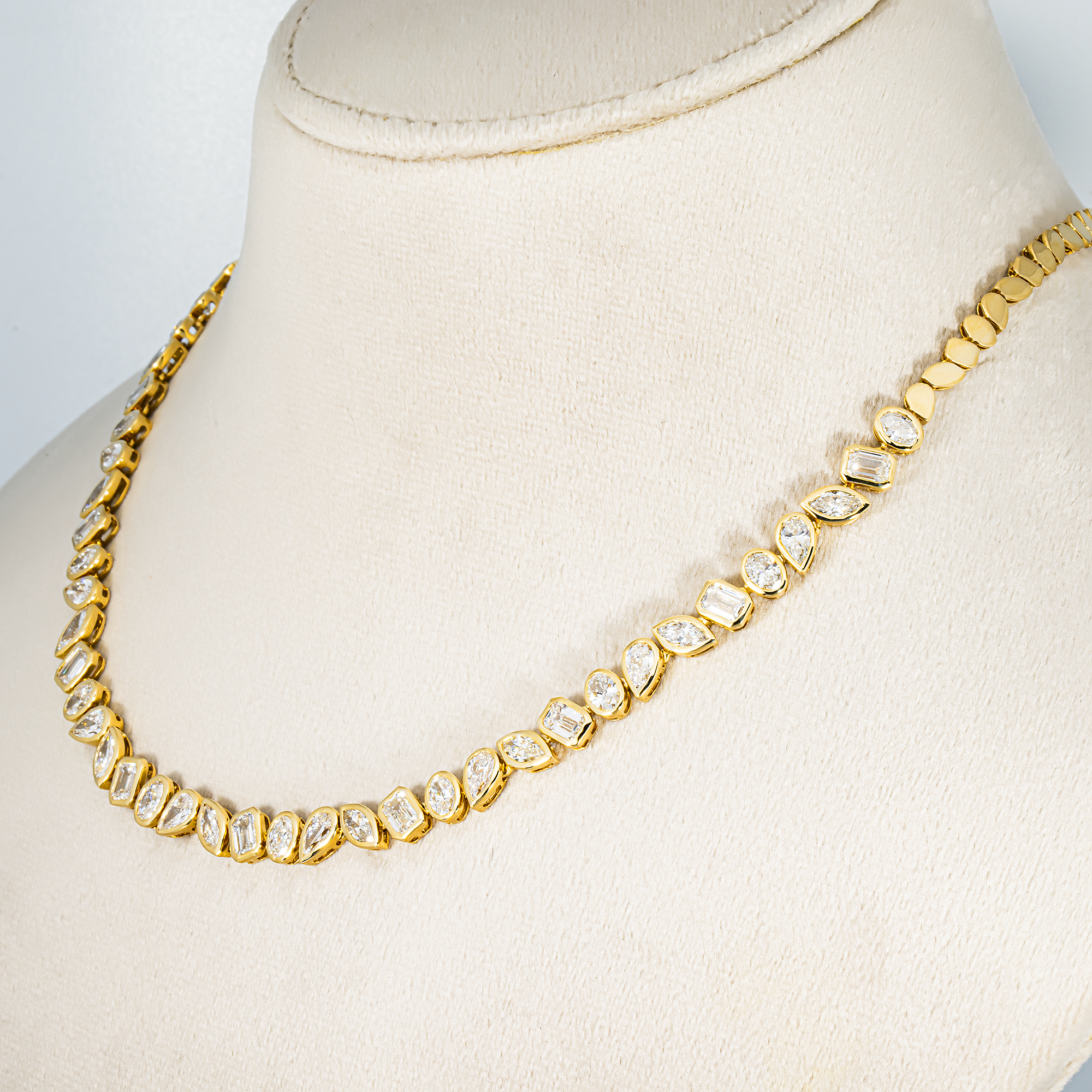 14K Yellow Gold Bezel Set Multi Cut Diamond Necklace 12.92ct