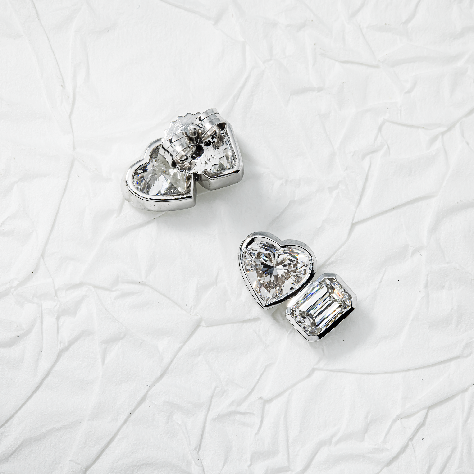 14K White Gold Heart & Emerald Cut Diamond Stud Earrings 3.14ctw