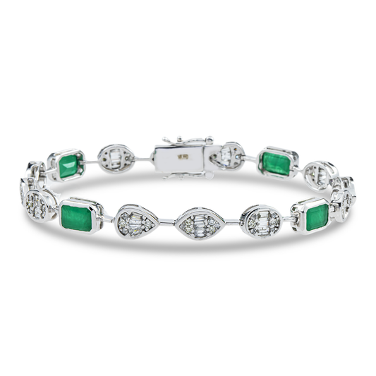 14K White Gold Emerald & Diamond Satellite Bracelet