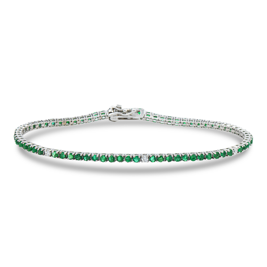 14K white Gold Round Emerald & Diamond Tennis Bracelet 2.45ctw