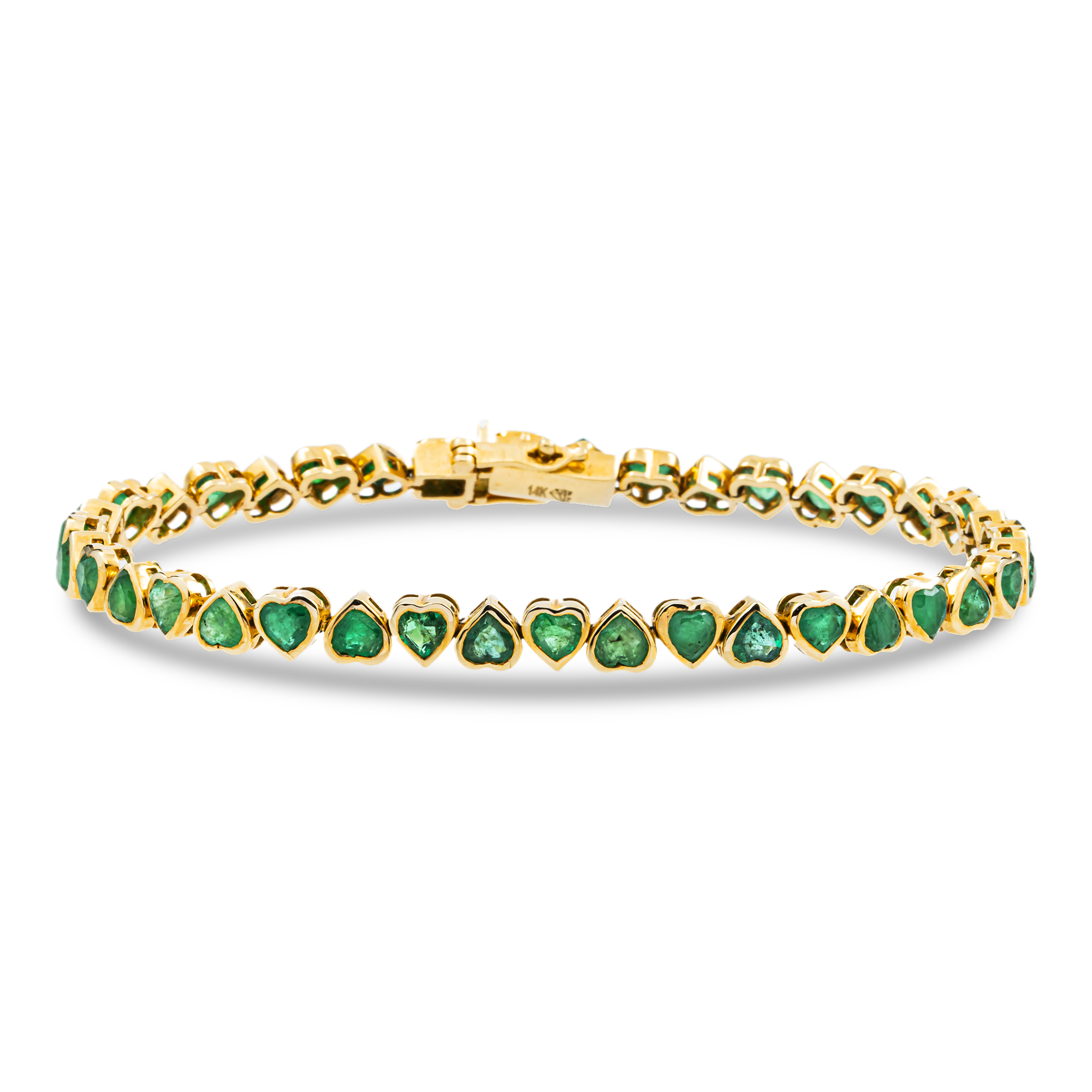 14K Yellow Gold Bezel Set Heart Emerald Bracelet 8.23ct