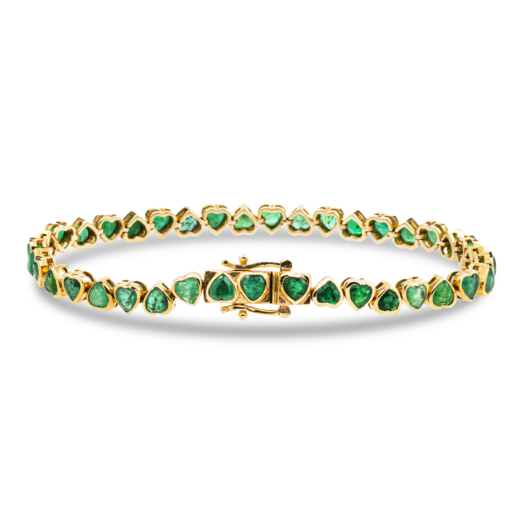 14K Yellow Gold Bezel Set Heart Emerald Bracelet 8.23ct