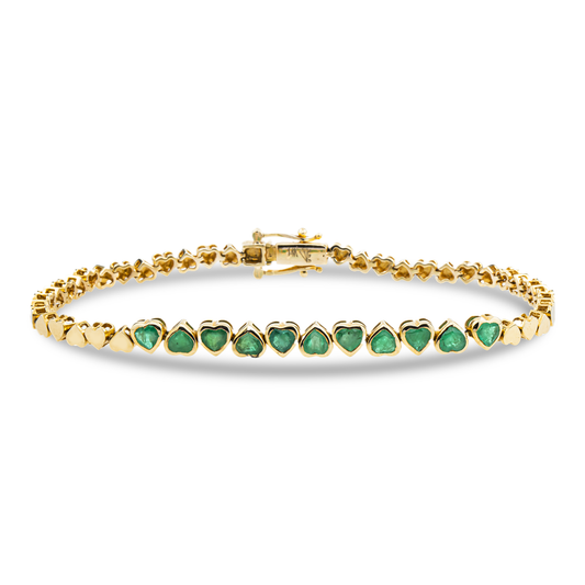 14K Yellow Gold Bezel Set Half-Way Heart Emerald Bracelet 2.12ct