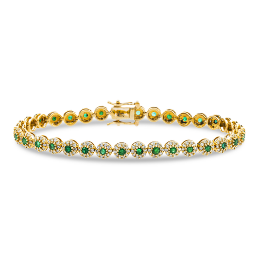 14K Yellow Gold Round Diamond & Emerald Bracelet 4.16ctw