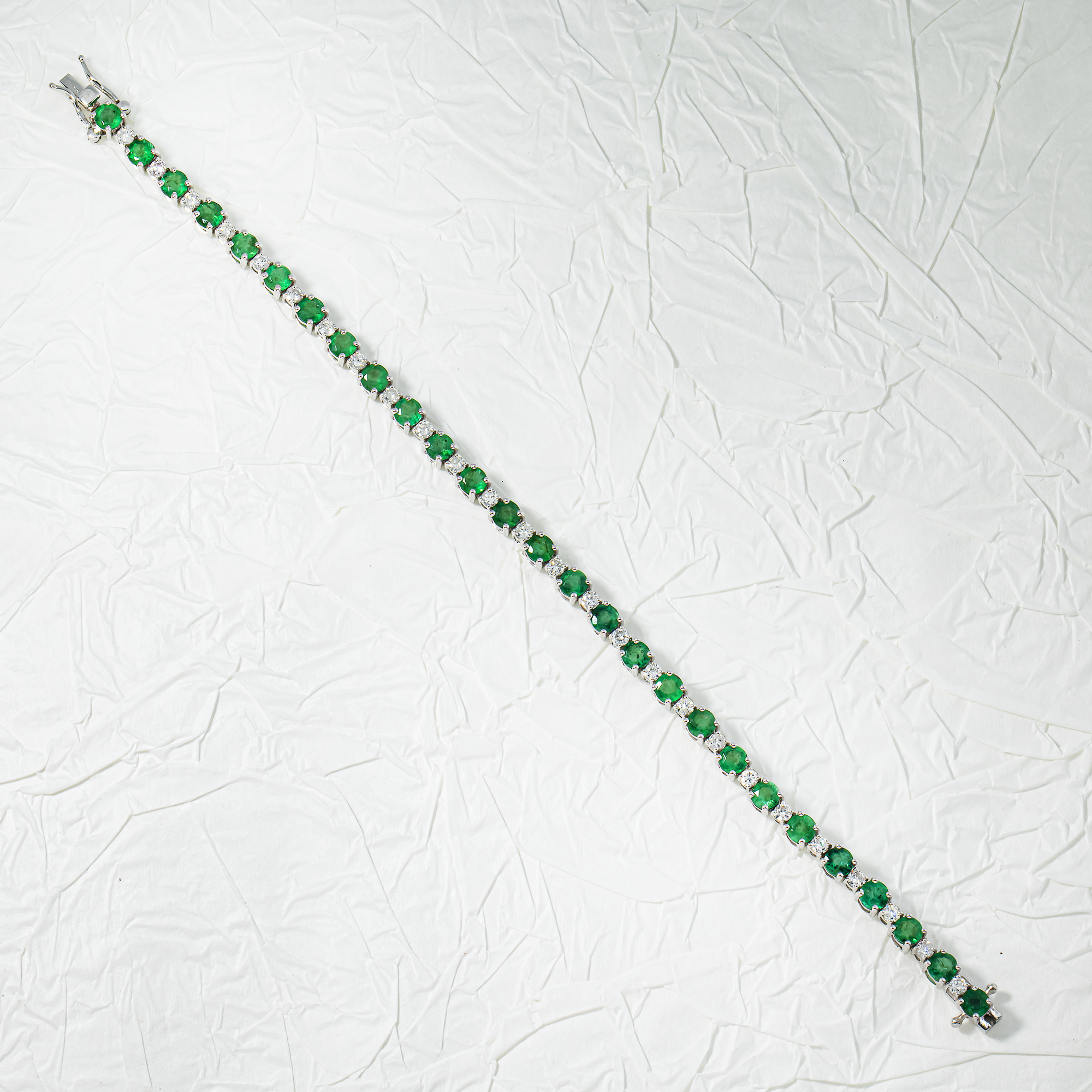 14K White Gold Round Emerald & Diamond Tennis Bracelet 7.32ctw