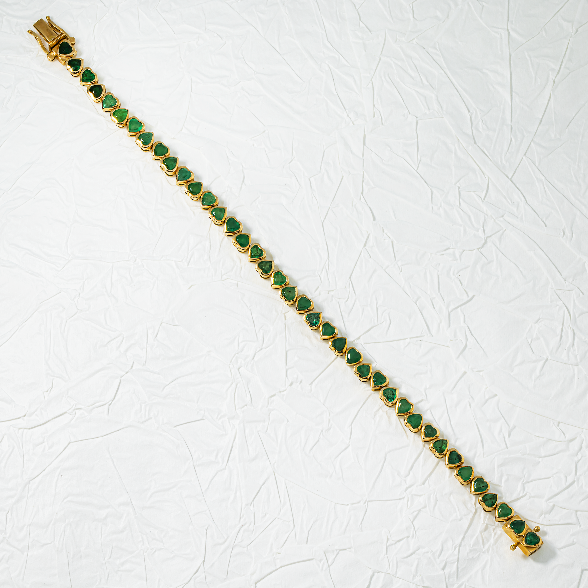 14K Yellow Gold Bezel Set Heart Emerald Bracelet 8.23ct