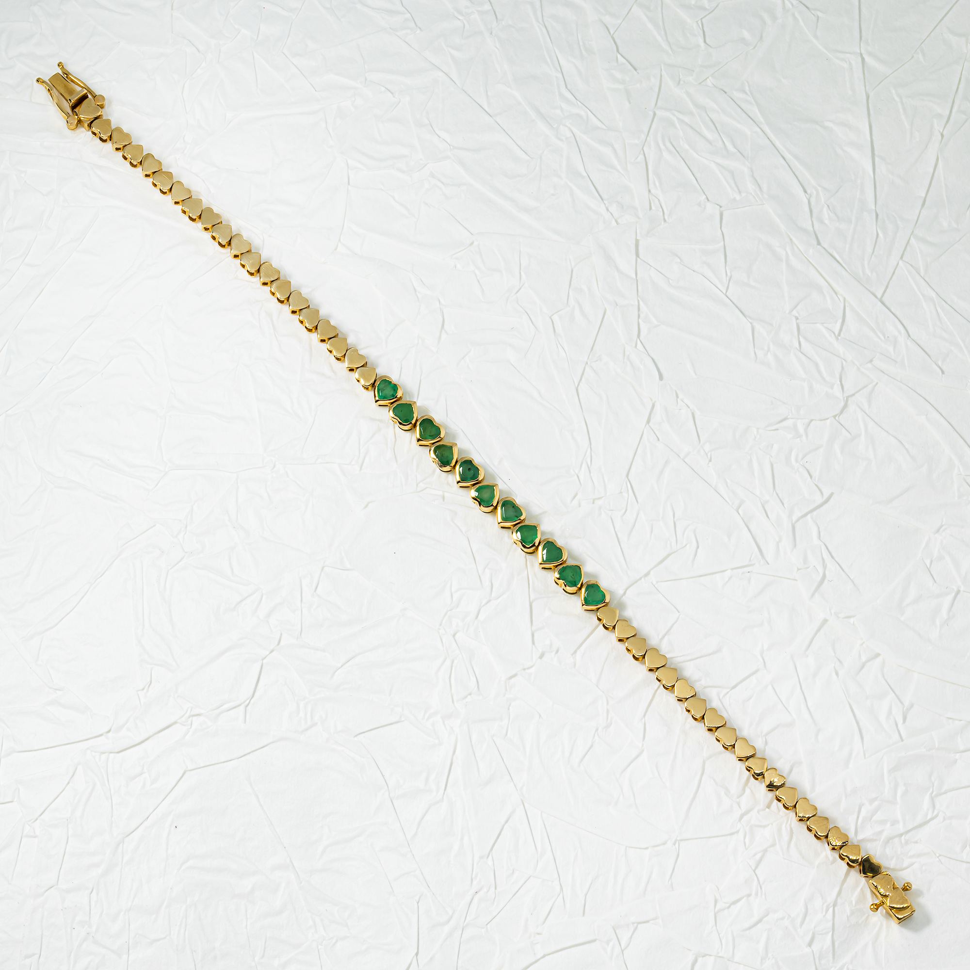 14K Yellow Gold Bezel Set Half-Way Heart Emerald Bracelet 2.12ct