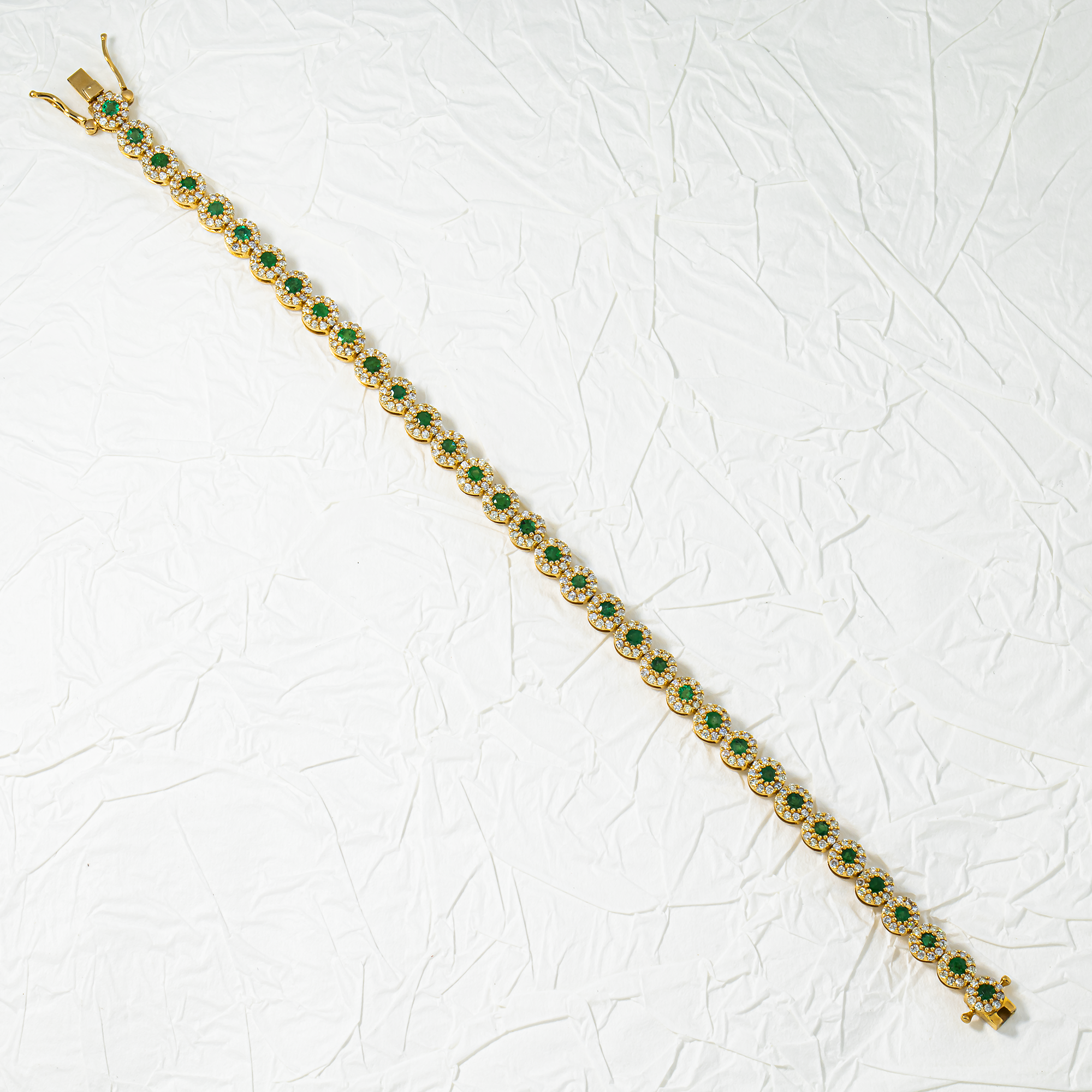 14K Yellow Gold Round Diamond & Emerald Bracelet 4.16ct