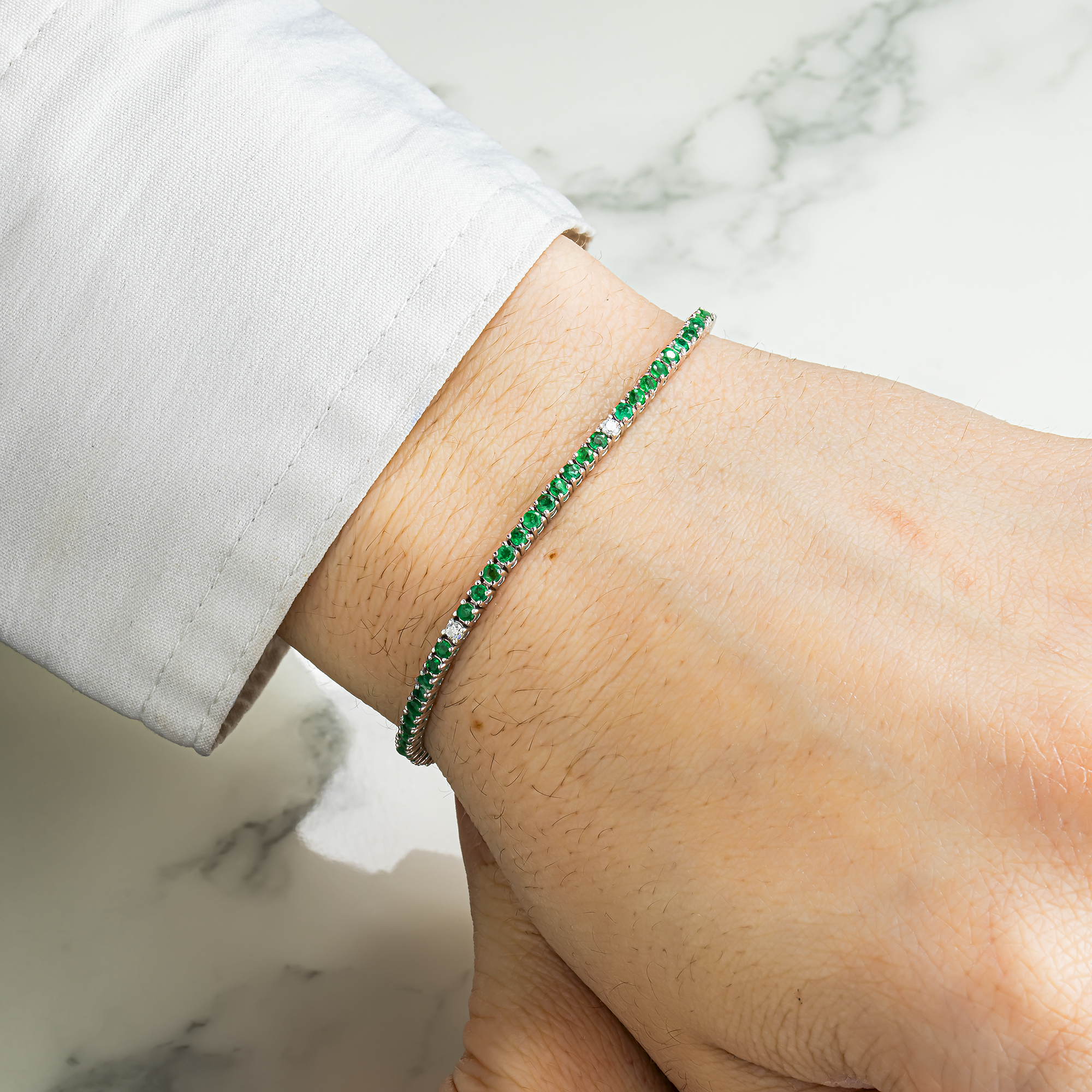 14K White Gold Round Emerald & Diamond Tennis Bracelet 2.45ctw
