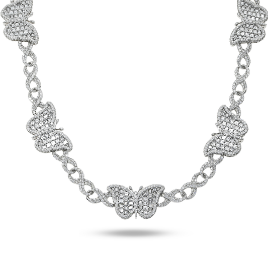 14K White Gold Asscher Cut Diamond Butterfly Infinity Link Necklace 25.18ct