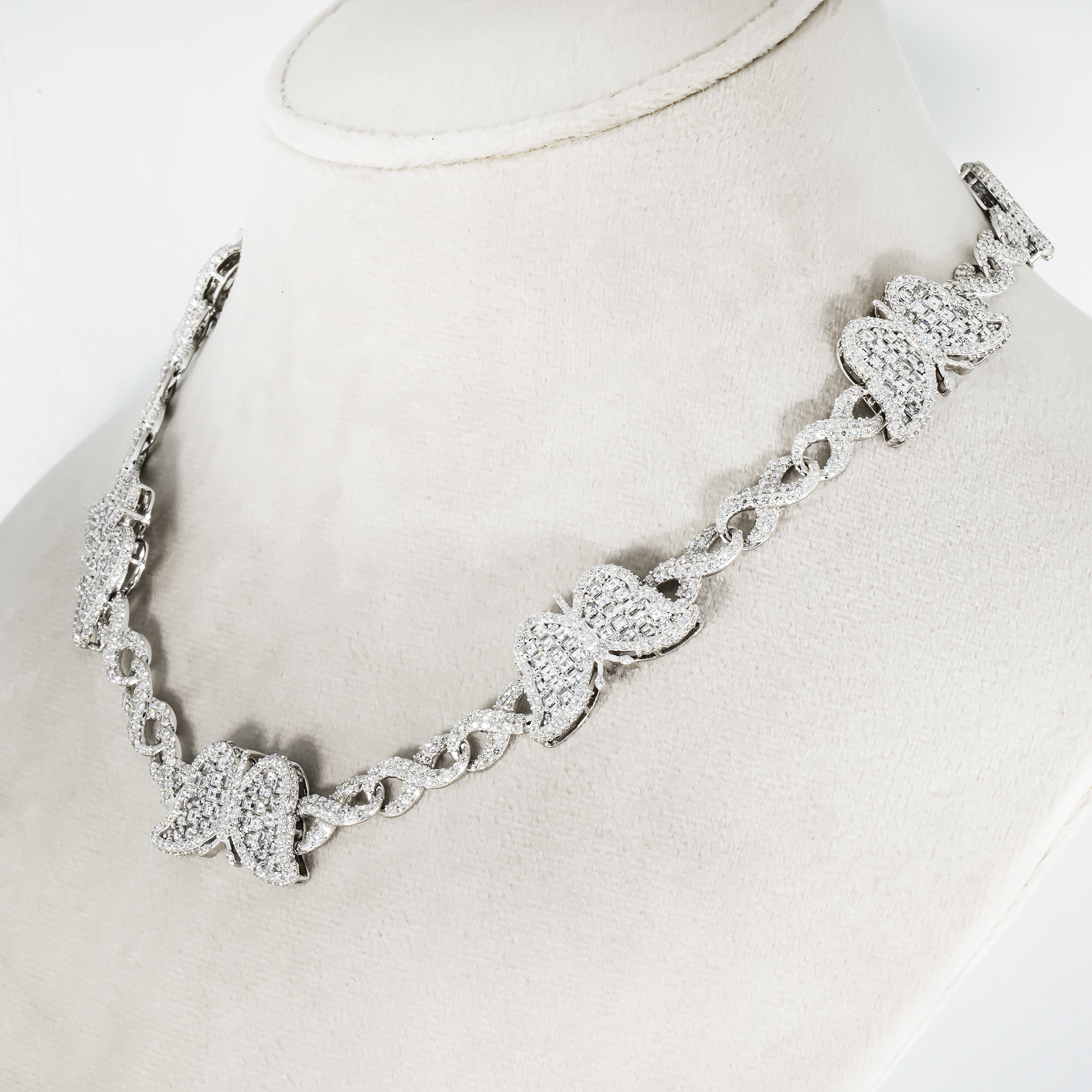 14K White Gold Asscher Cut Diamond Butterfly Infinity Link Necklace 25.18Ct Necklace