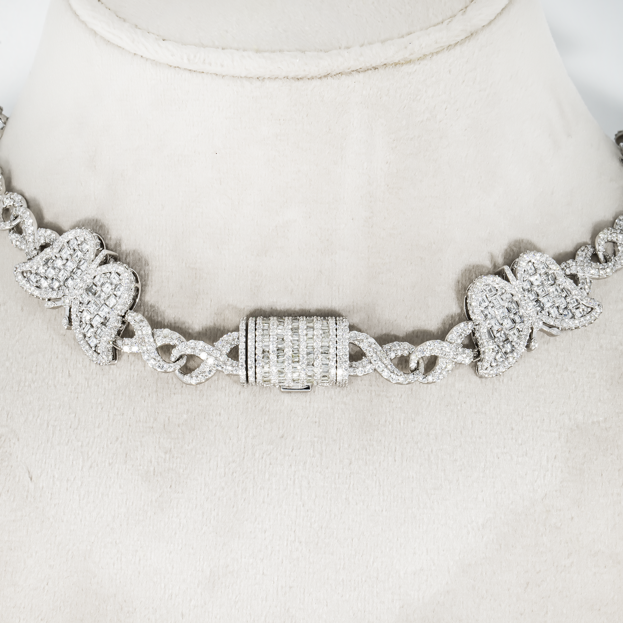 14K White Gold Asscher Cut Diamond Butterfly Infinity Link Necklace 25.18Ct Necklace