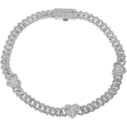 10K White Gold 13Mm Triple Heart Baguette & Round Diamond Cuban Link Chain 26.11Ct Chains