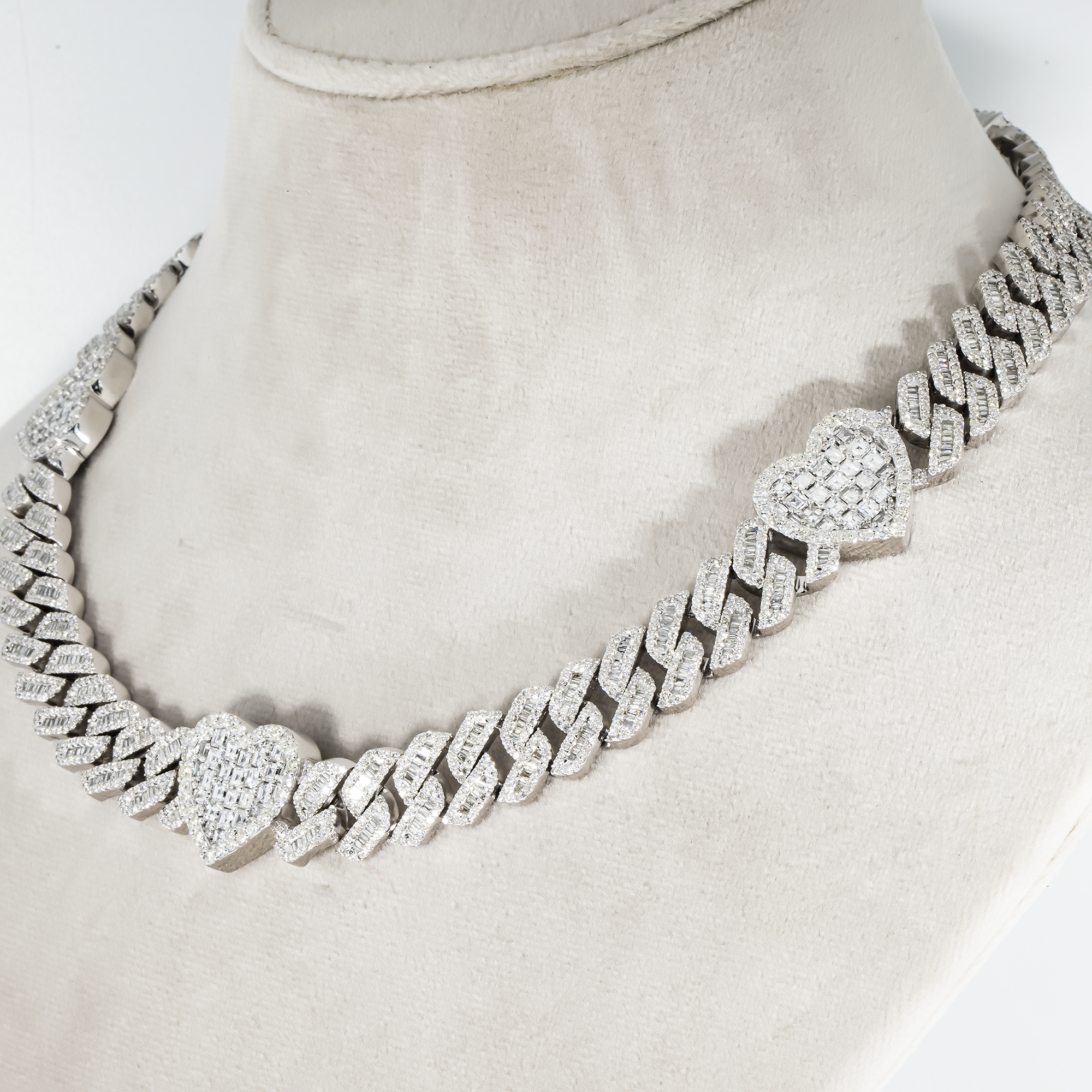 10K White Gold 13Mm Triple Heart Baguette & Round Diamond Cuban Link Chain 26.11Ct Chains