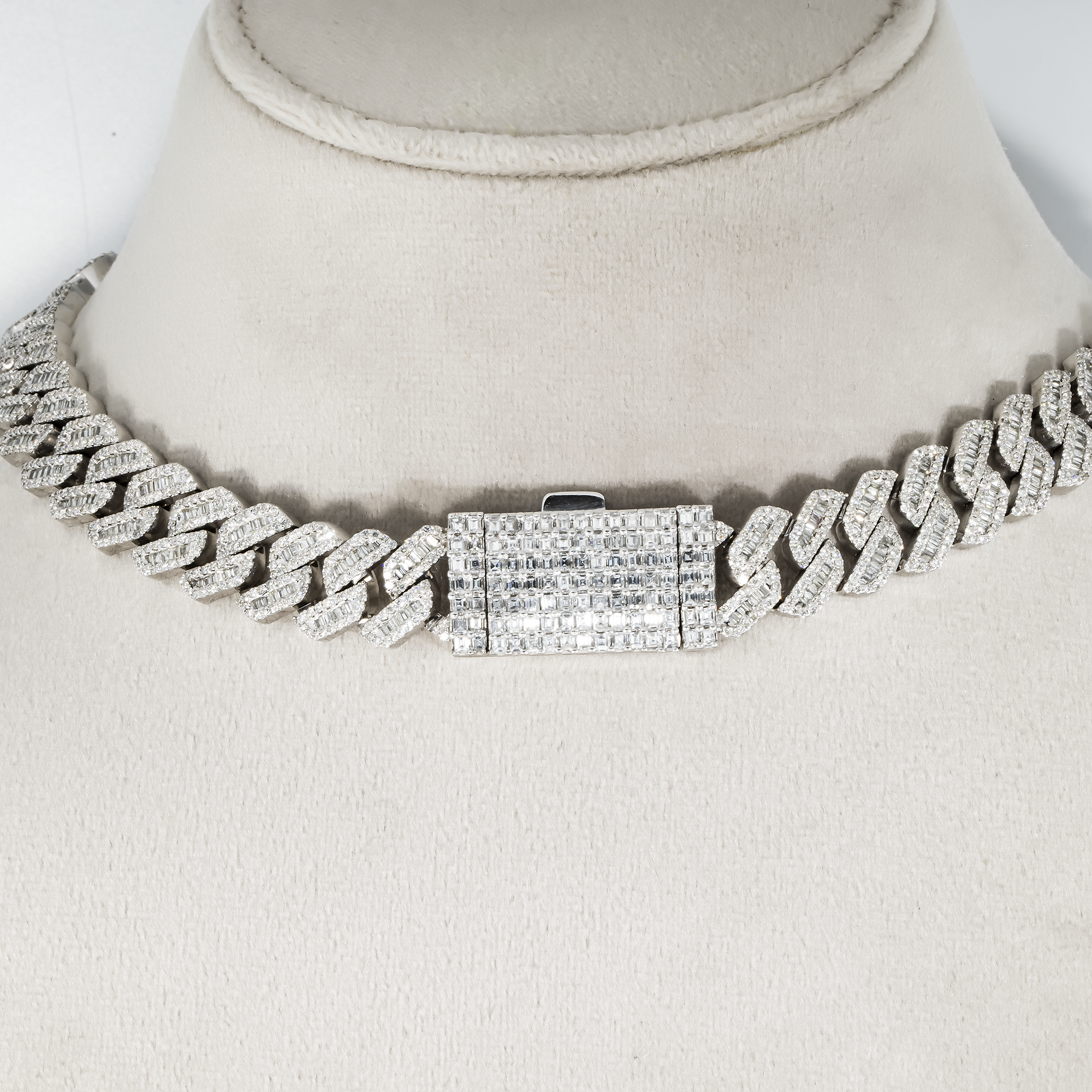 10K White Gold 13Mm Triple Heart Baguette & Round Diamond Cuban Link Chain 26.11Ct Chains