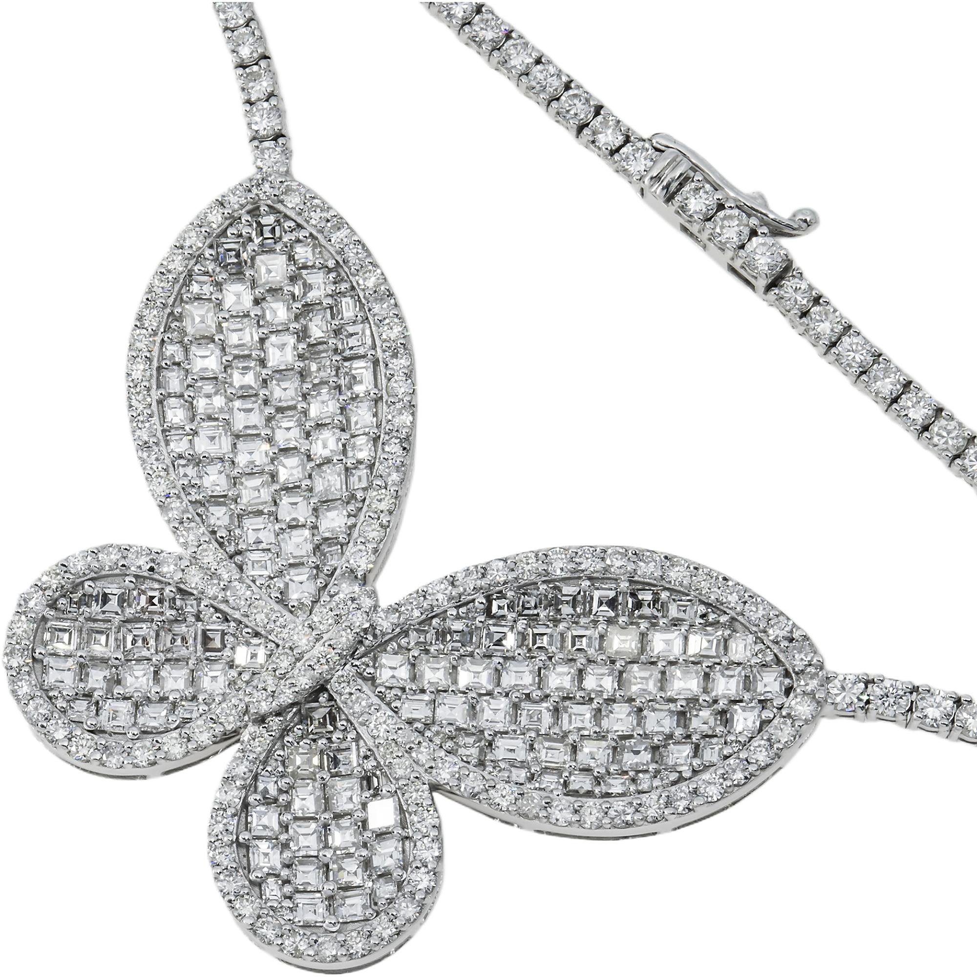 14K White Gold Asscher Cut Diamond Butterfly Pendant & Chain Necklace 15.16Ct Necklace