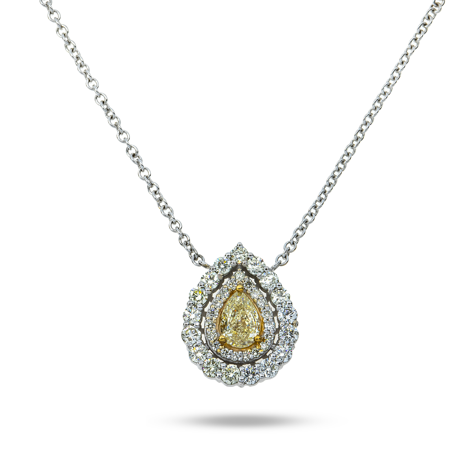 14K White Gold Pear Cut Fancy Yellow Diamond Pendant & Chain Necklace 1.44Ct Necklace