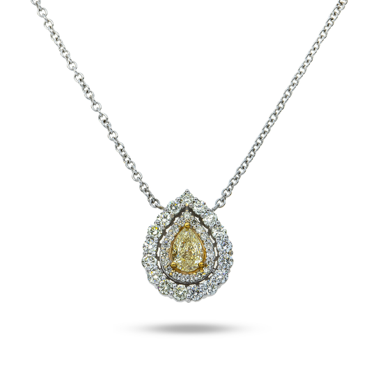 14K White Gold Pear Cut Fancy Yellow Diamond Pendant & Chain Necklace 1.44ct