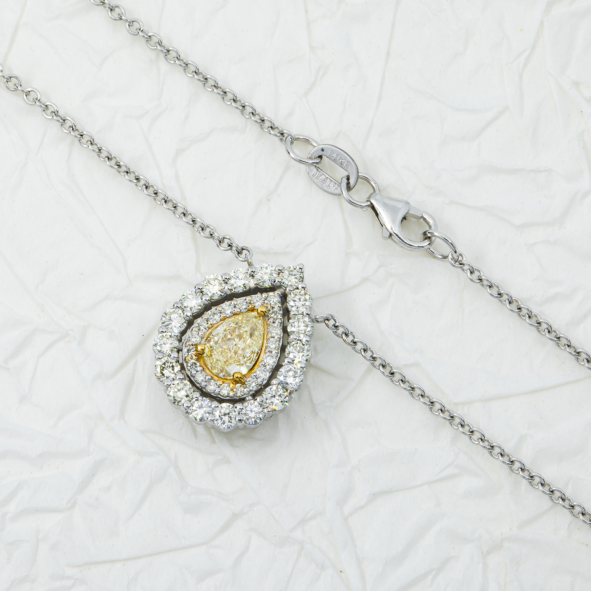 14K White Gold Pear Cut Fancy Yellow Diamond Pendant & Chain Necklace 1.44Ct Necklace