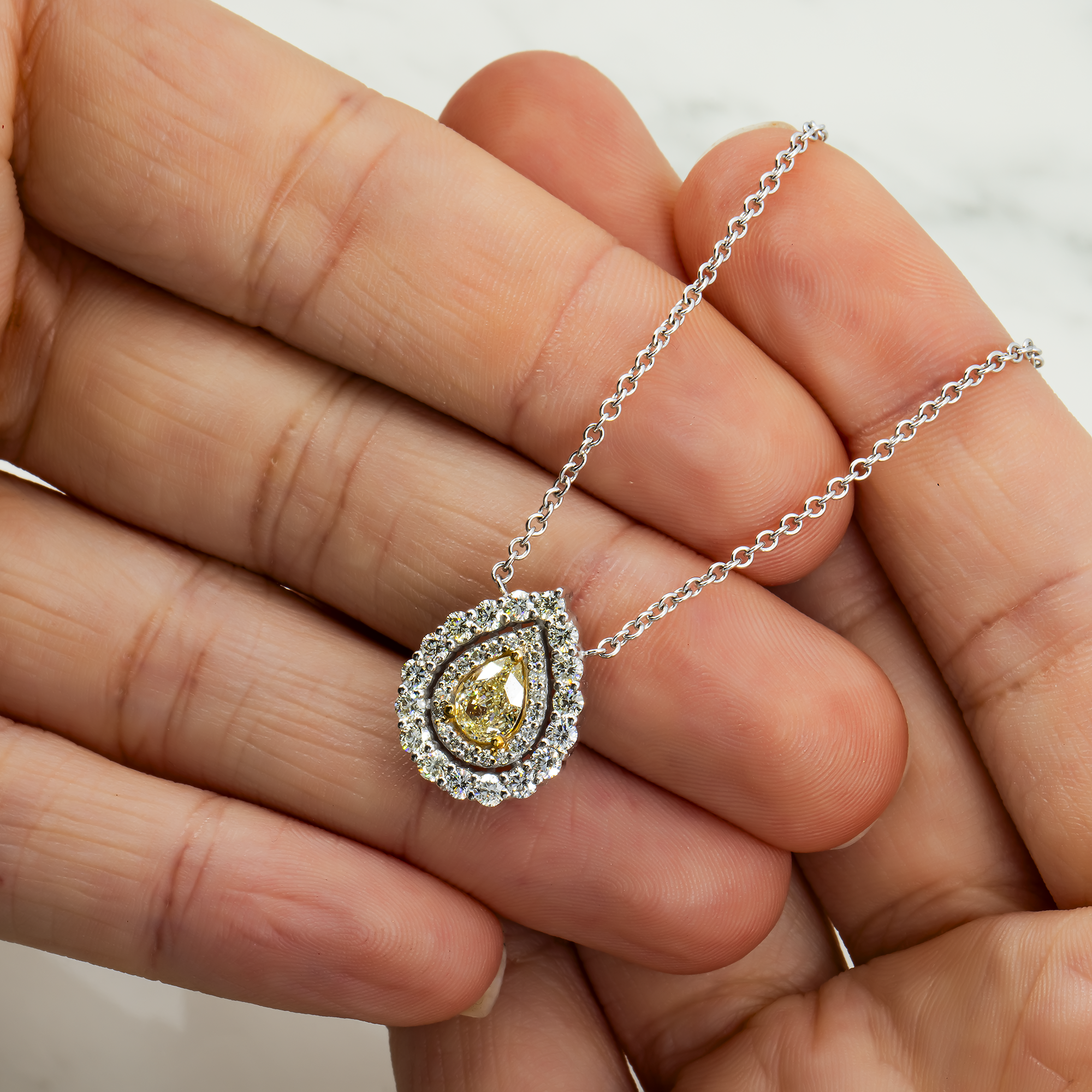 14K White Gold Pear Cut Fancy Yellow Diamond Pendant & Chain Necklace 1.44Ct Necklace