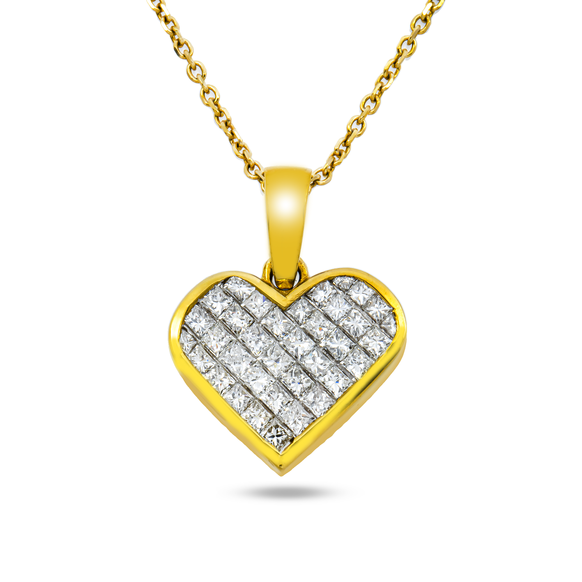 18K Yellow Gold Princess Cut Diamond Heart Necklace 2.95ct