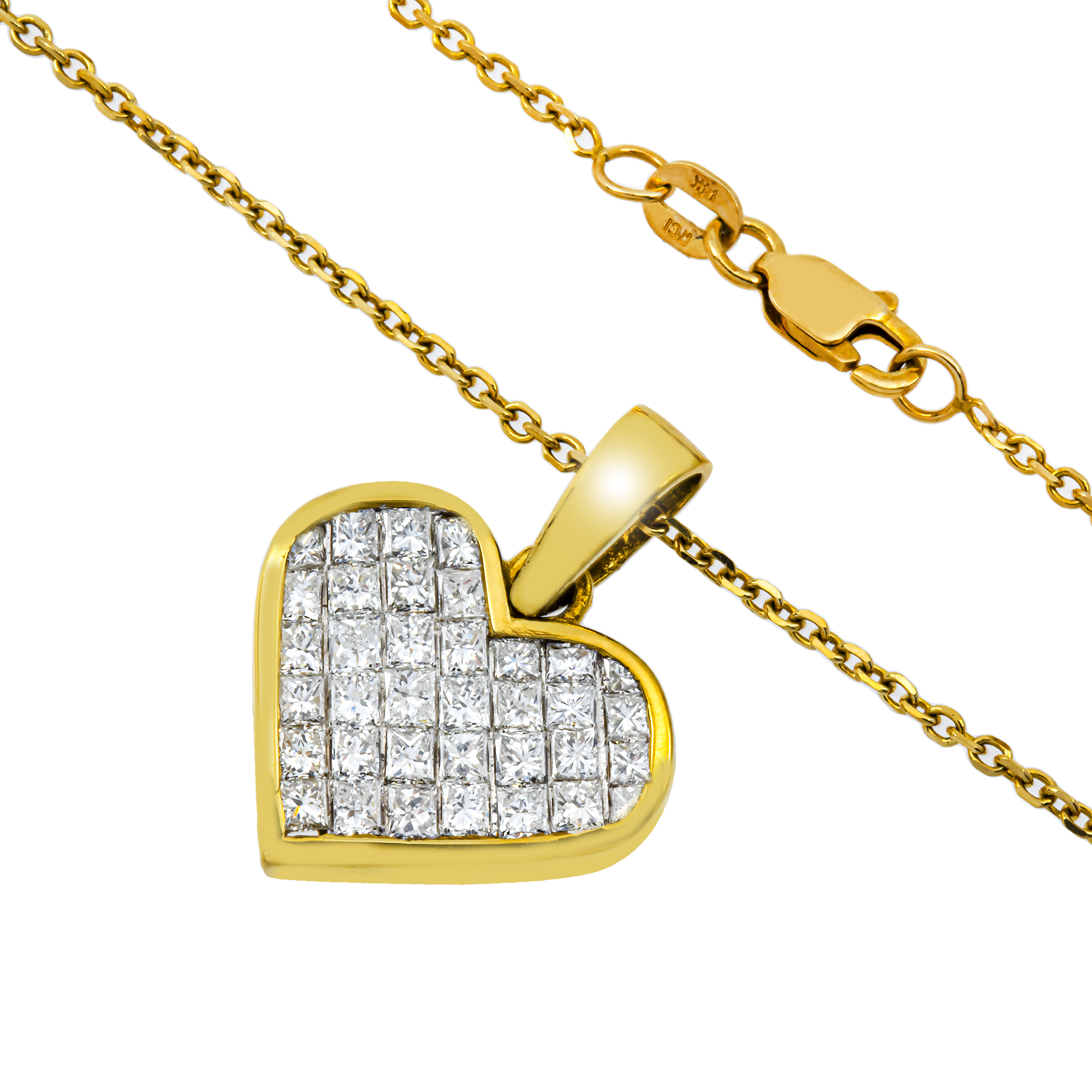 18K Yellow Gold Princess Cut Diamond Heart Necklace 2.95ct