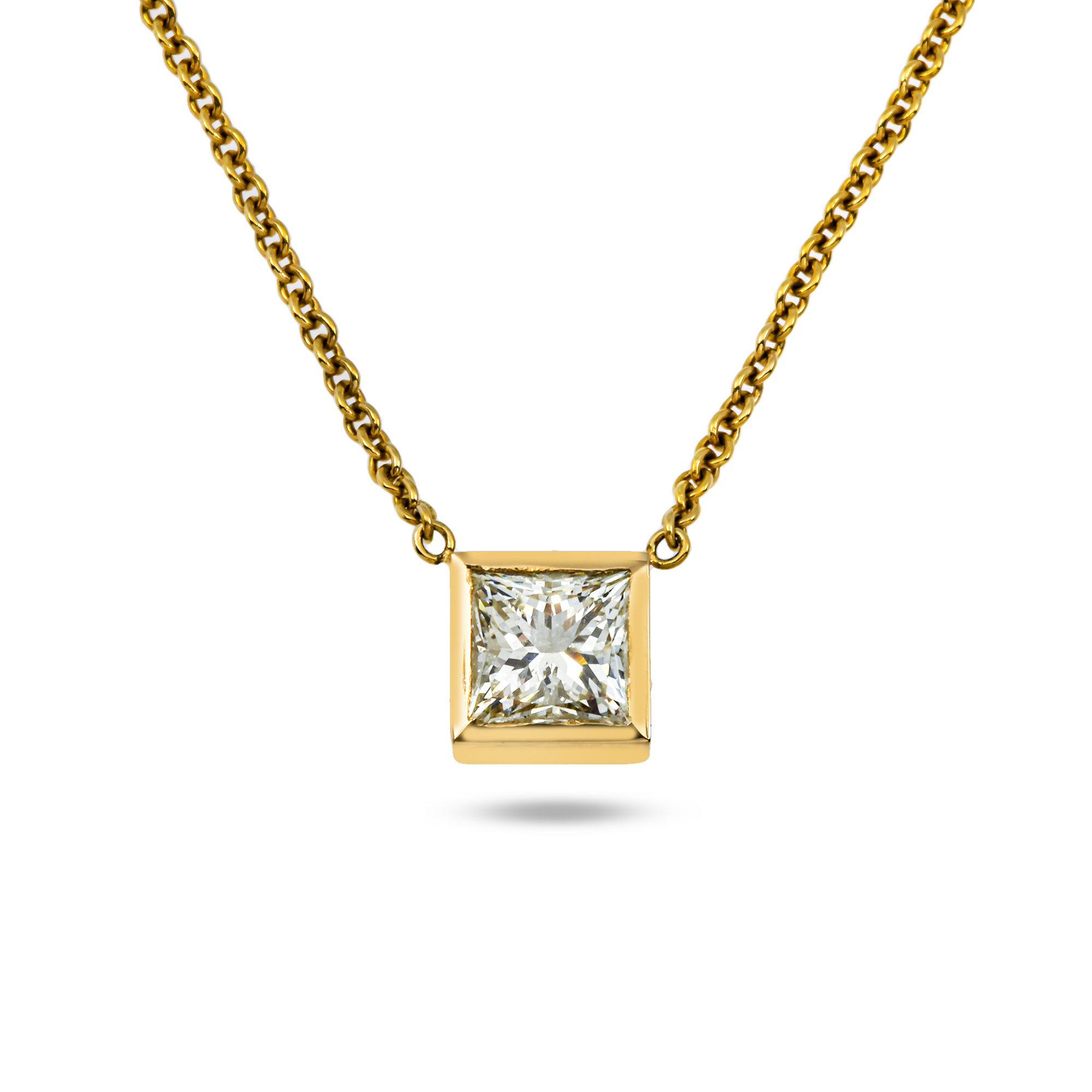 14K Yellow Gold Bezel Set Solitaire Princess Cut Diamond Necklace 1.01ct