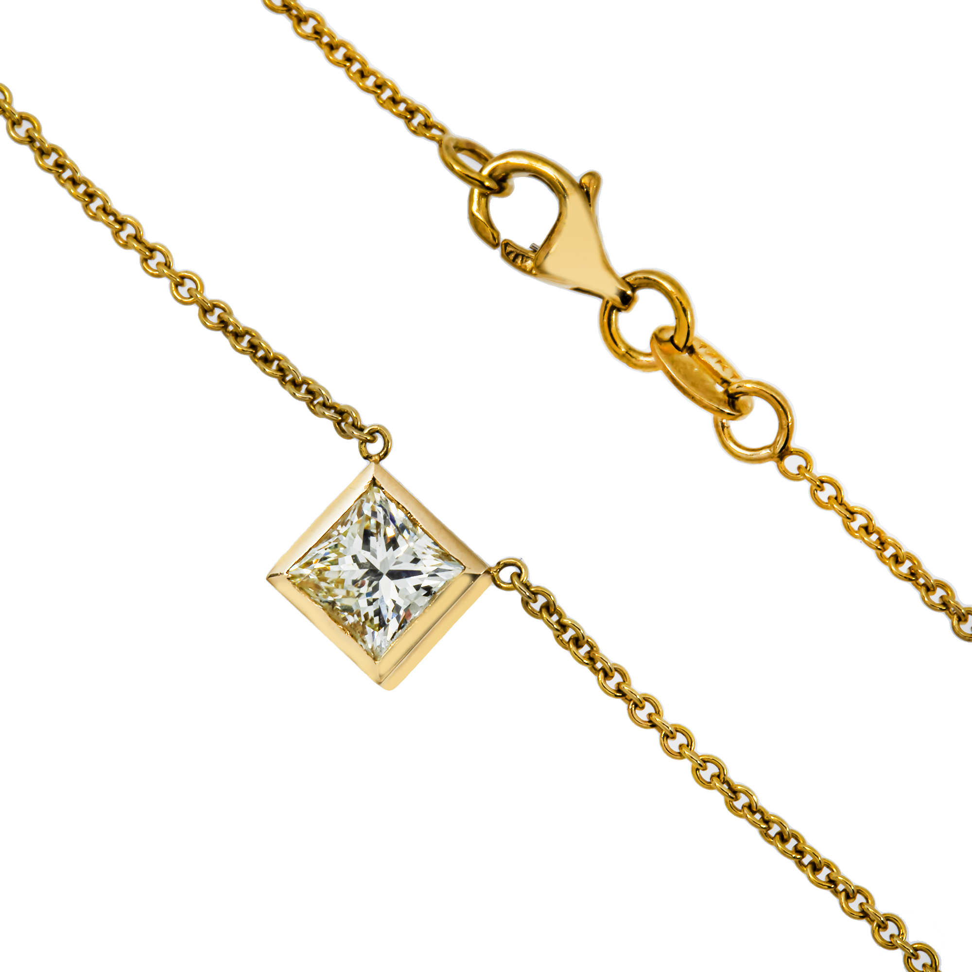 14K Yellow Gold Bezel Set Solitaire Princess Cut Diamond Necklace 1.01ct