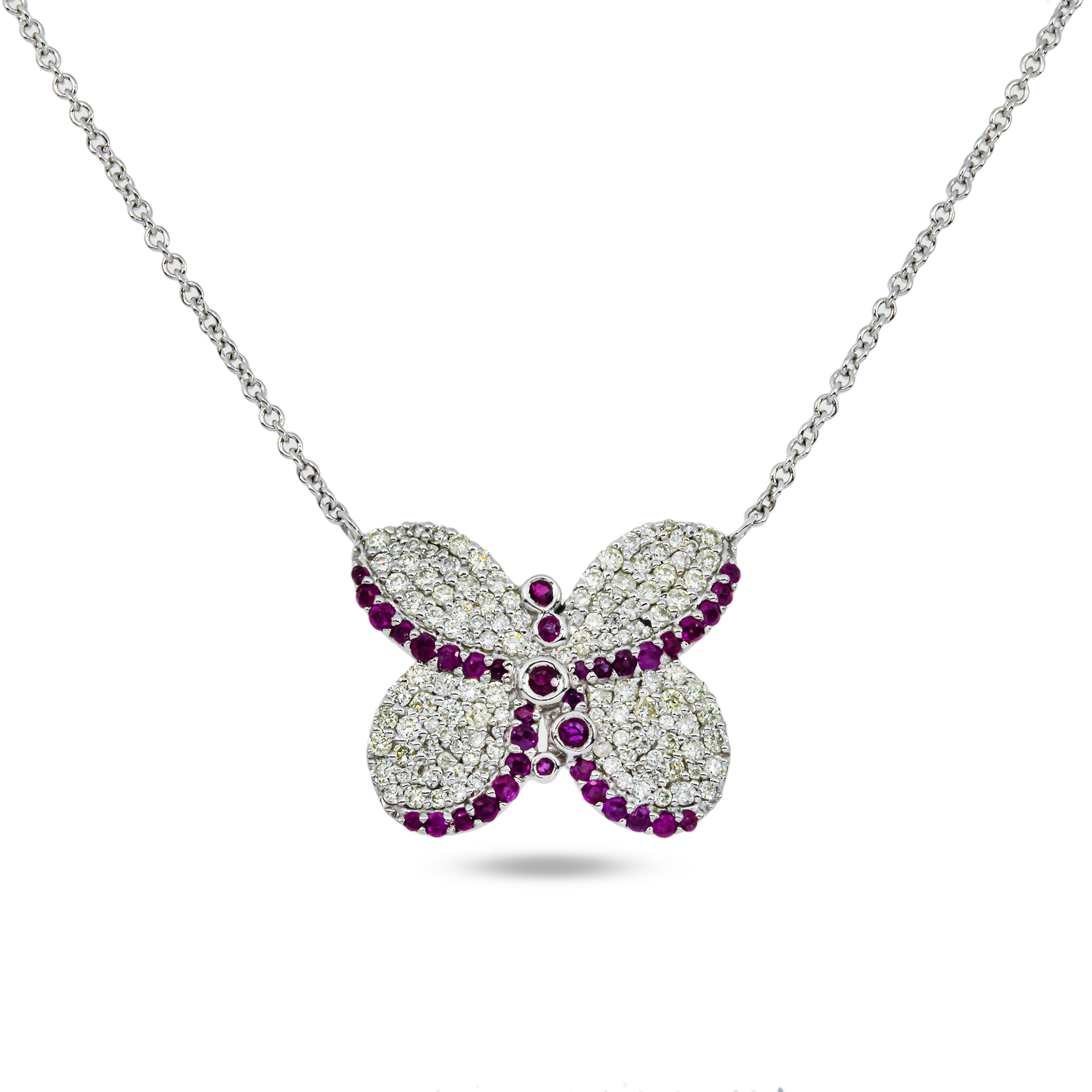 14K White Gold Ruby & Diamond Butterfly Pendant & Chain Necklace 1.13ct