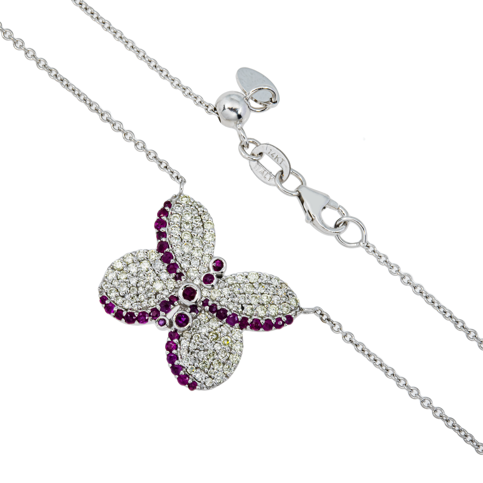 14K White Gold Ruby & Diamond Butterfly Pendant & Chain Necklace 1.13ct