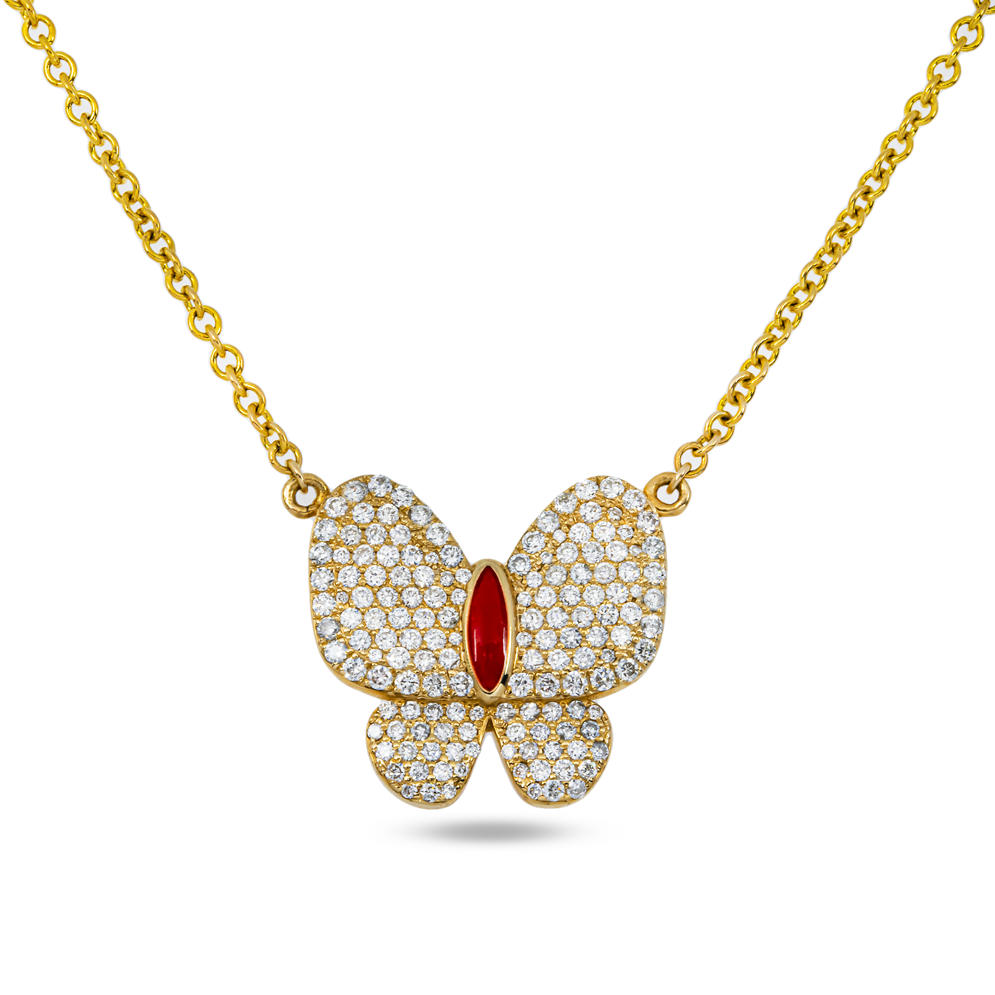 Double Sided - 14K Yellow Gold & Enamel Diamond Butterfly Pendant & Chain Necklace 1.20ct
