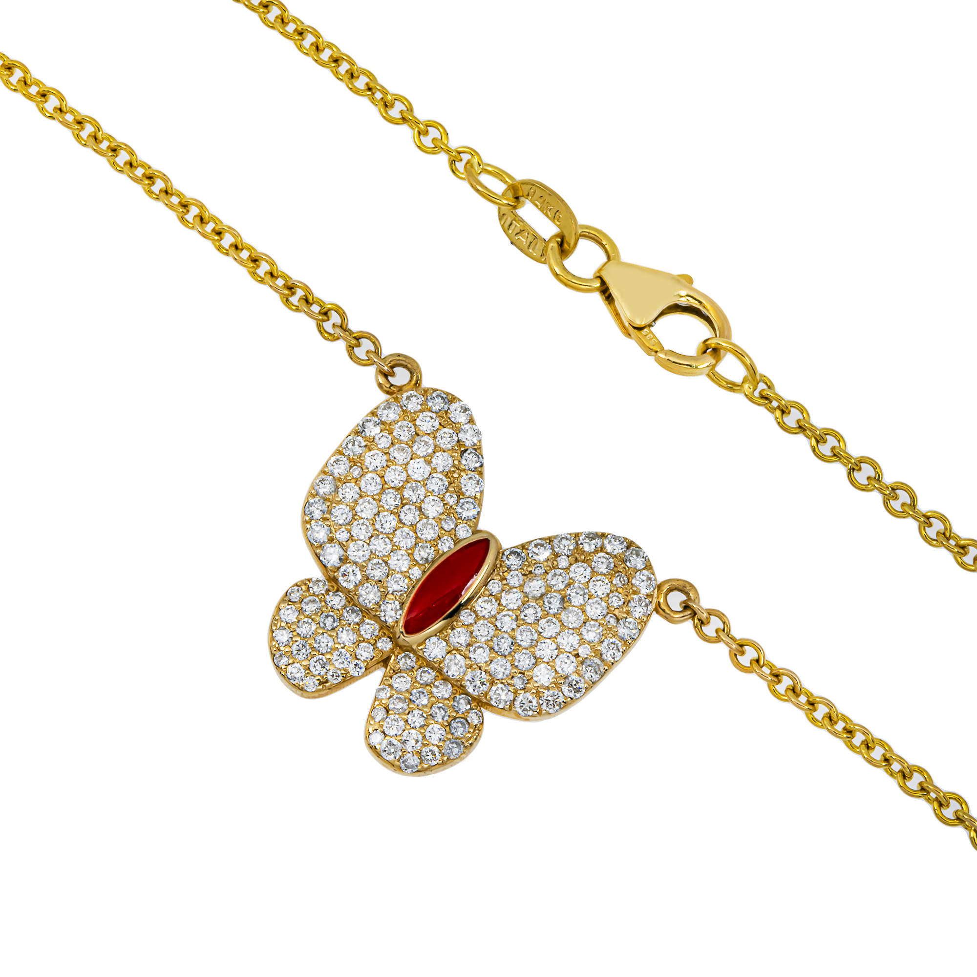 Double Sided - 14K Yellow Gold & Enamel Diamond Butterfly Pendant & Chain Necklace 1.20ct