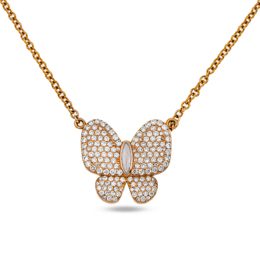 Double Sided - 14K Rose Gold Mother of Pearl & Diamond Butterfly Necklace 1.20ct
