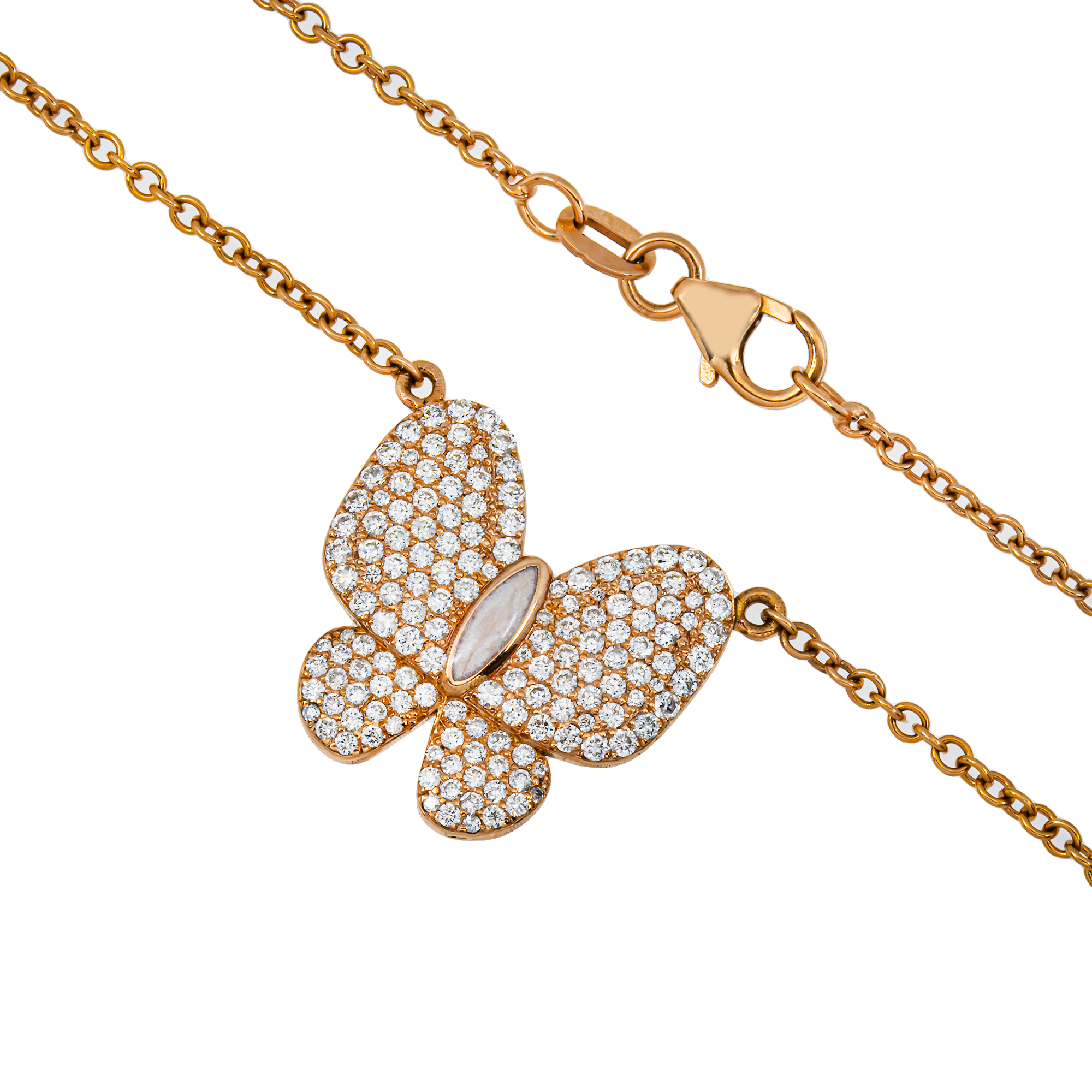 Double Sided - 14K Rose Gold Mother of Pearl & Diamond Butterfly Necklace 1.20ct