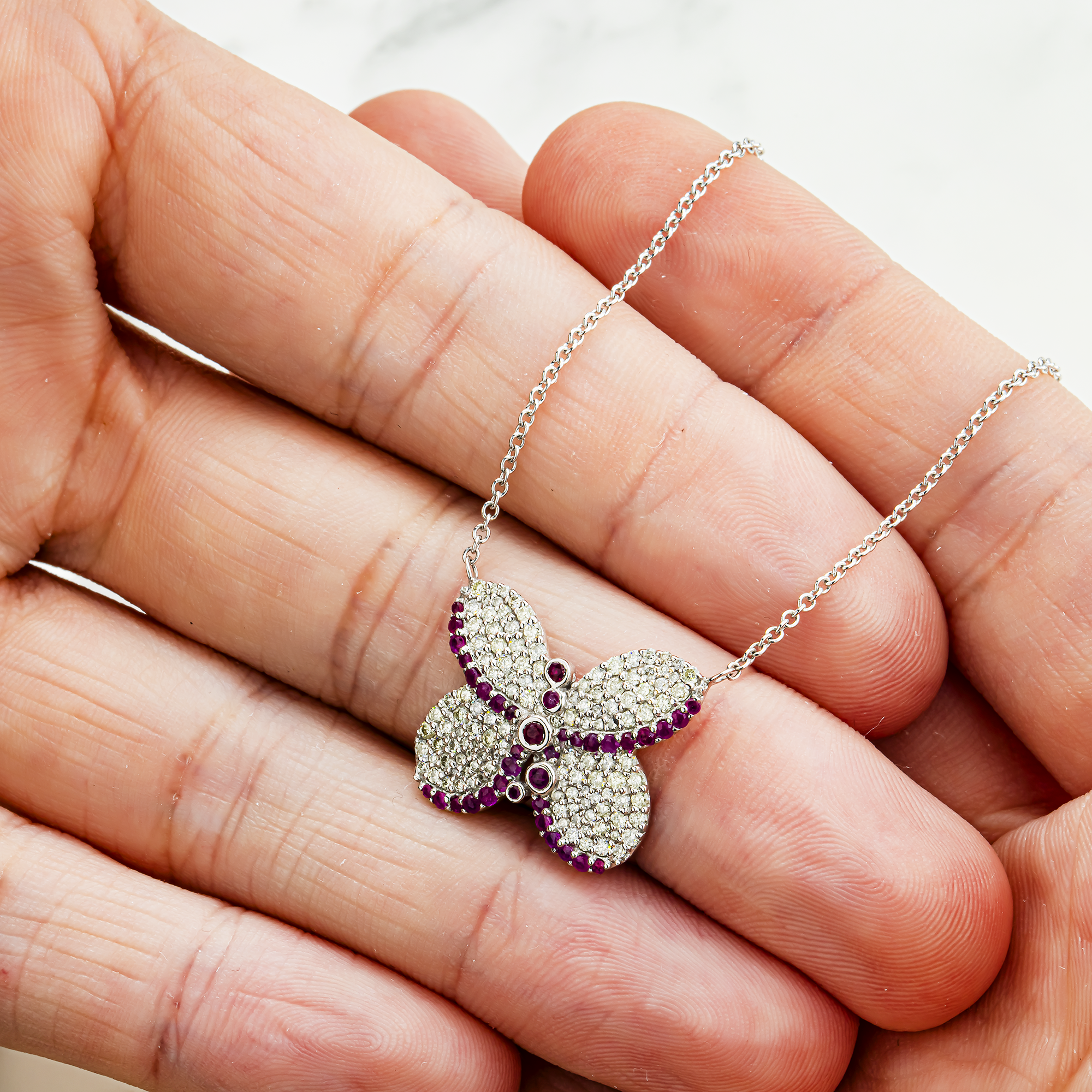 14K White Gold Ruby & Diamond Butterfly Pendant & Chain Necklace 1.13ct