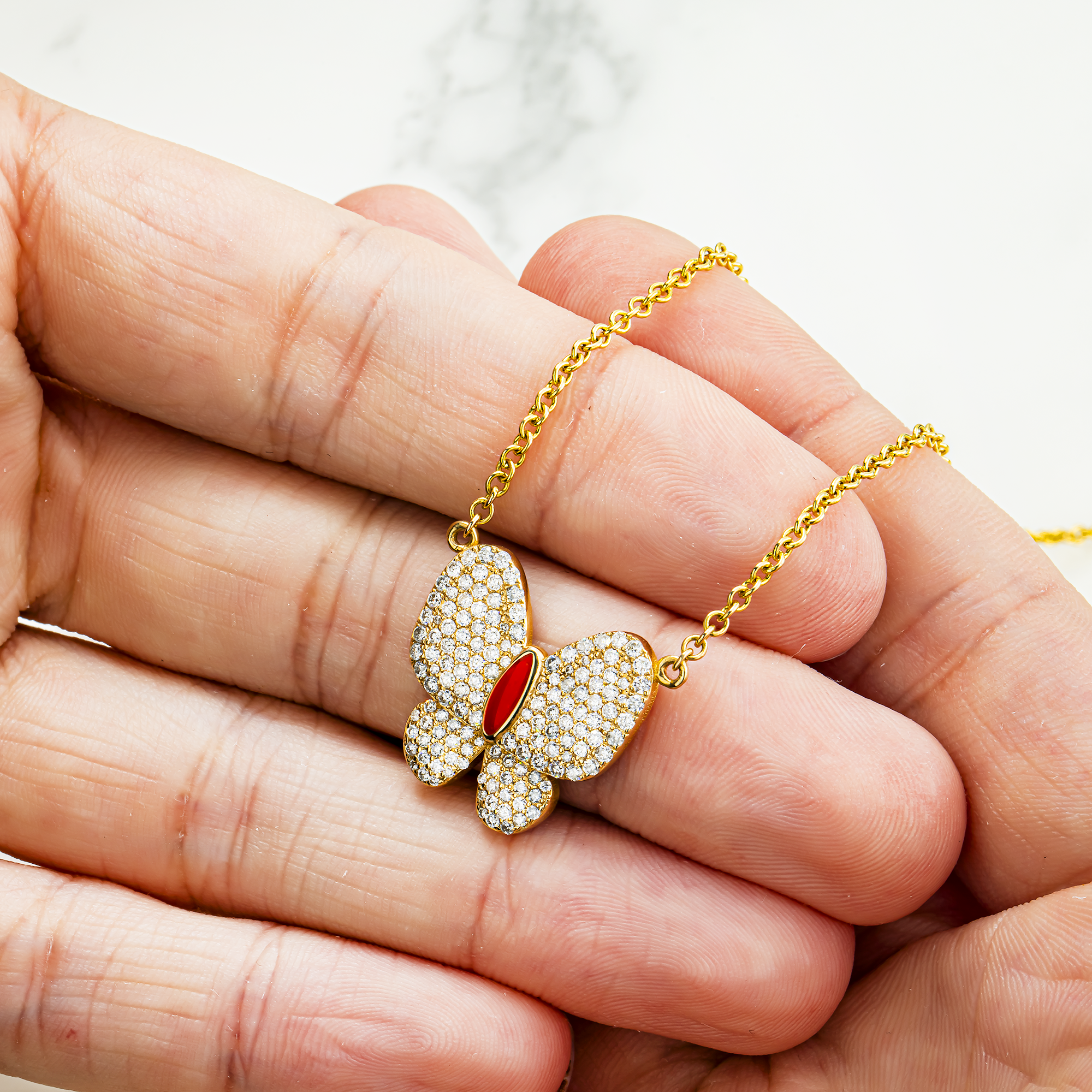 Double Sided - 14K Yellow Gold & Enamel Diamond Butterfly Pendant & Chain Necklace 1.20ct