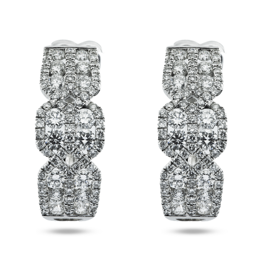 18K White Gold Detailed Round Diamond Hoop Earrings 1.45ct