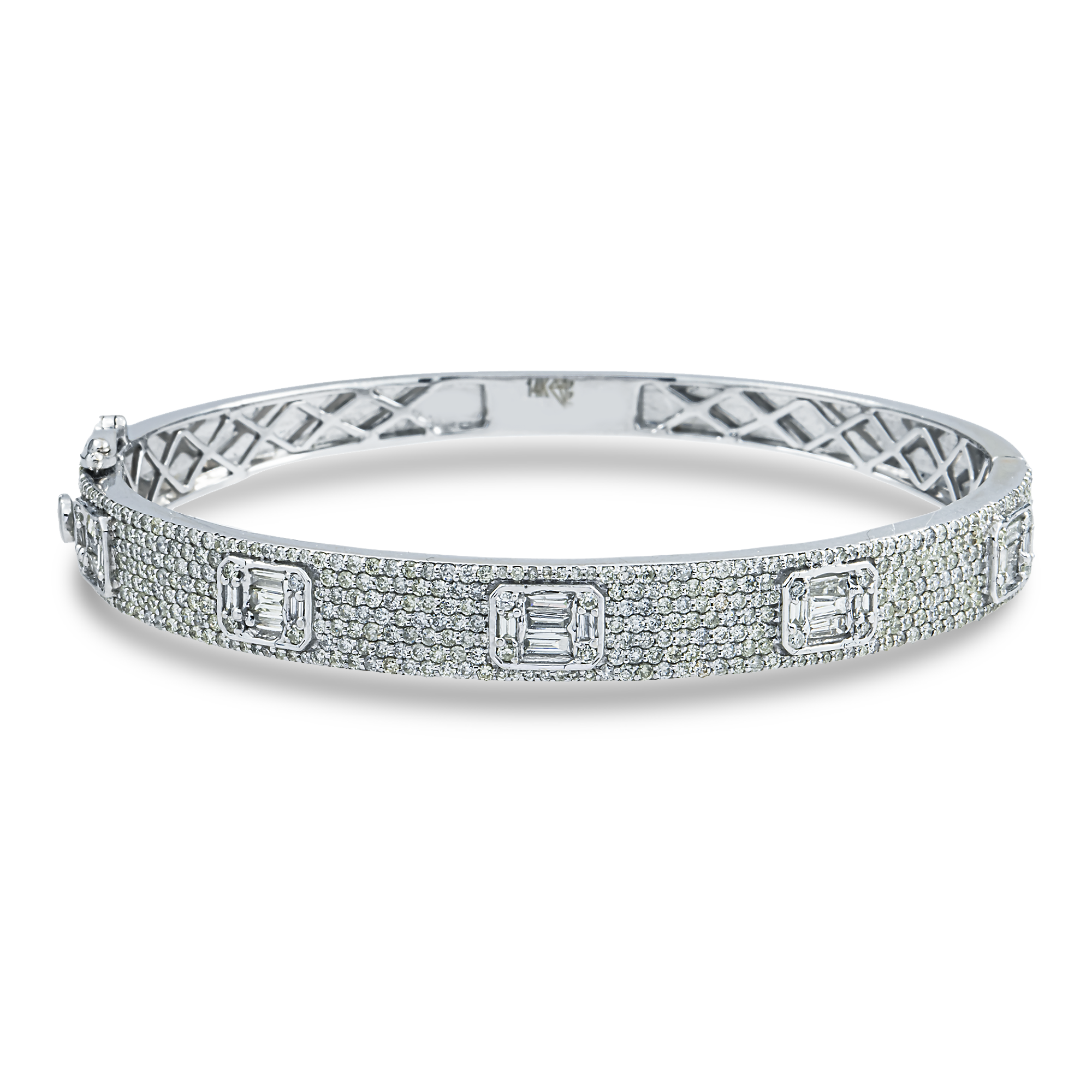 14K White Gold Baguette & Round Diamond Bangle Bracelet 3.30ct