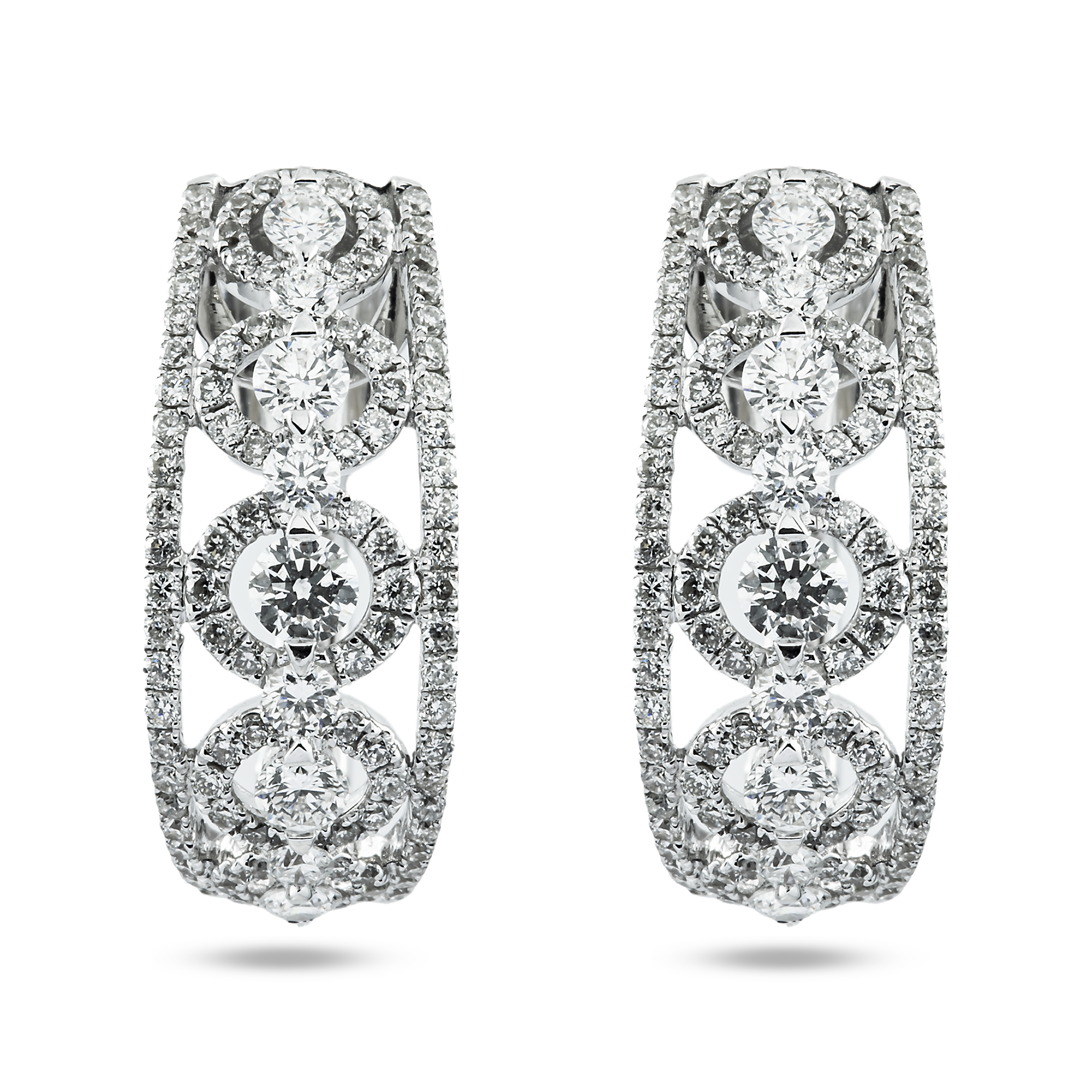 18K White Gold Detailed Round Diamond Hoop Earrings 1.64ctw