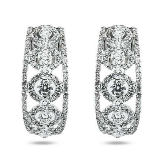 18K White Gold Detailed Round Diamond Hoop Earrings 1.64ctw