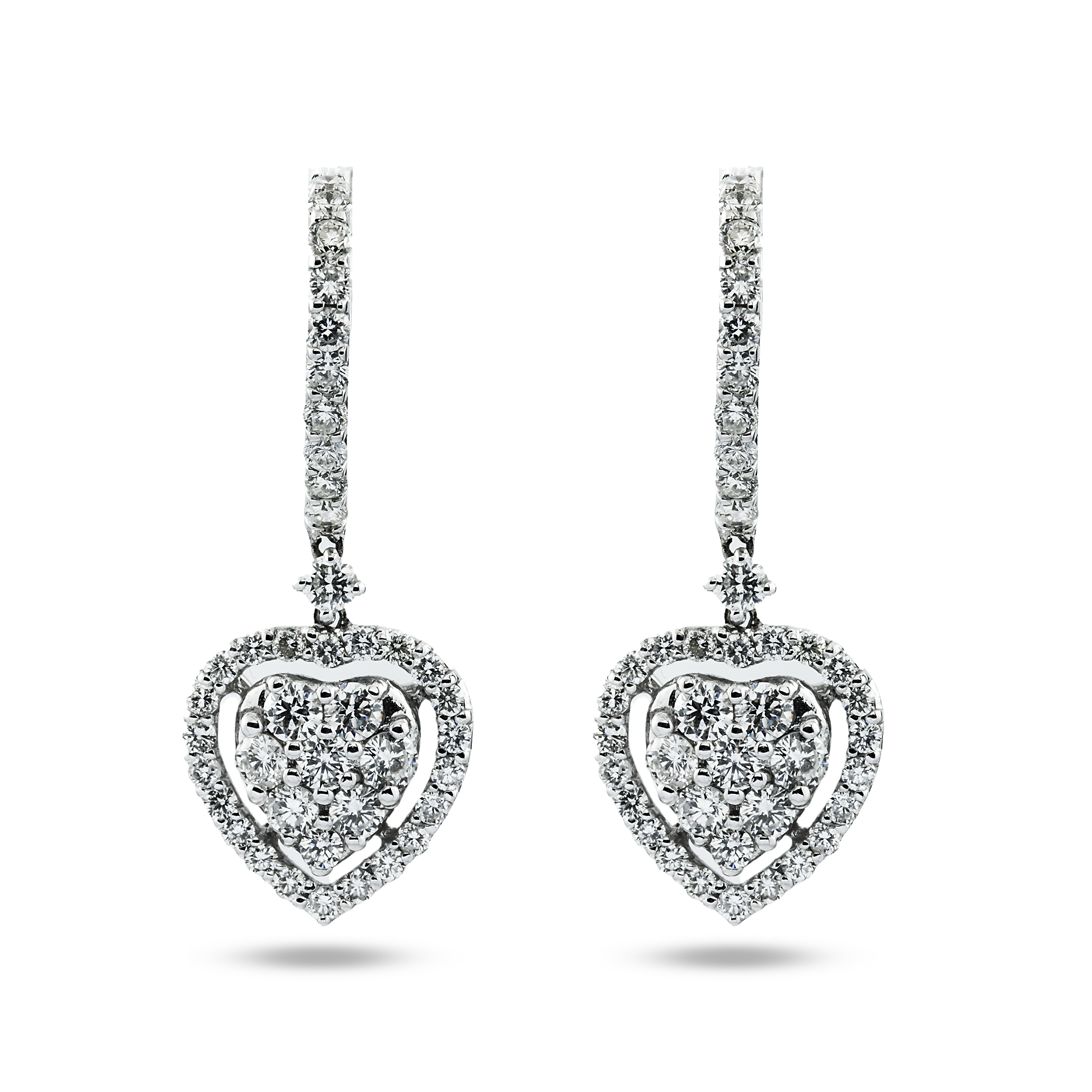 18K White Gold Round Diamond Heart Drop Earrings 1.82ctw