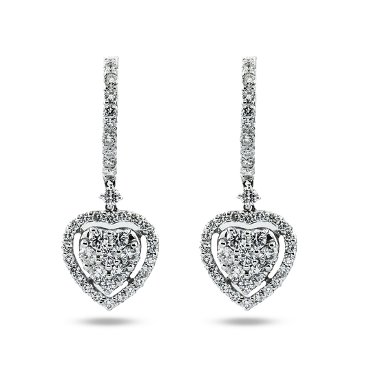 18K White Gold Round Diamond Heart Drop Earrings 1.82ctw