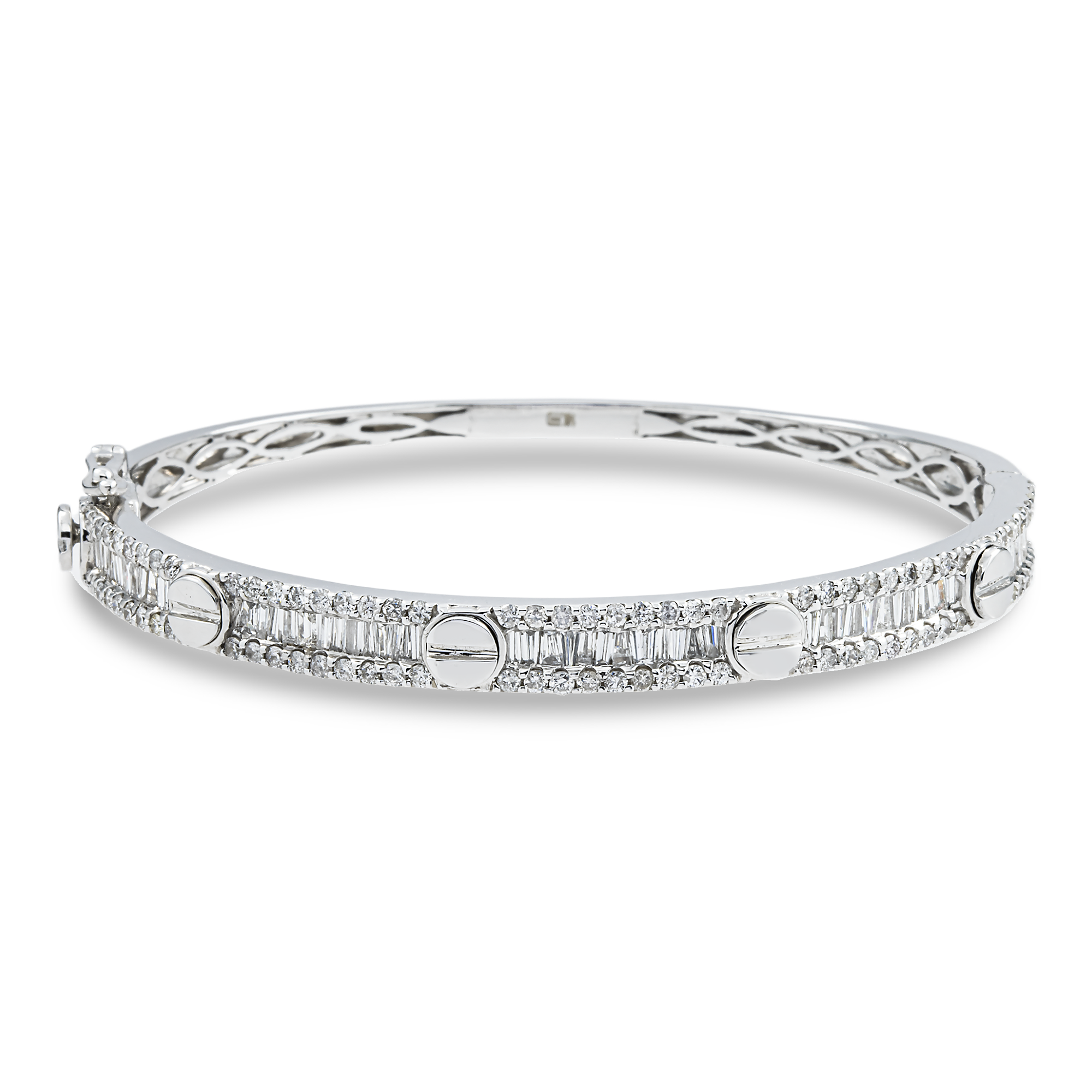 14K White Gold Round & Baguette Diamond Bangle 2.65ct