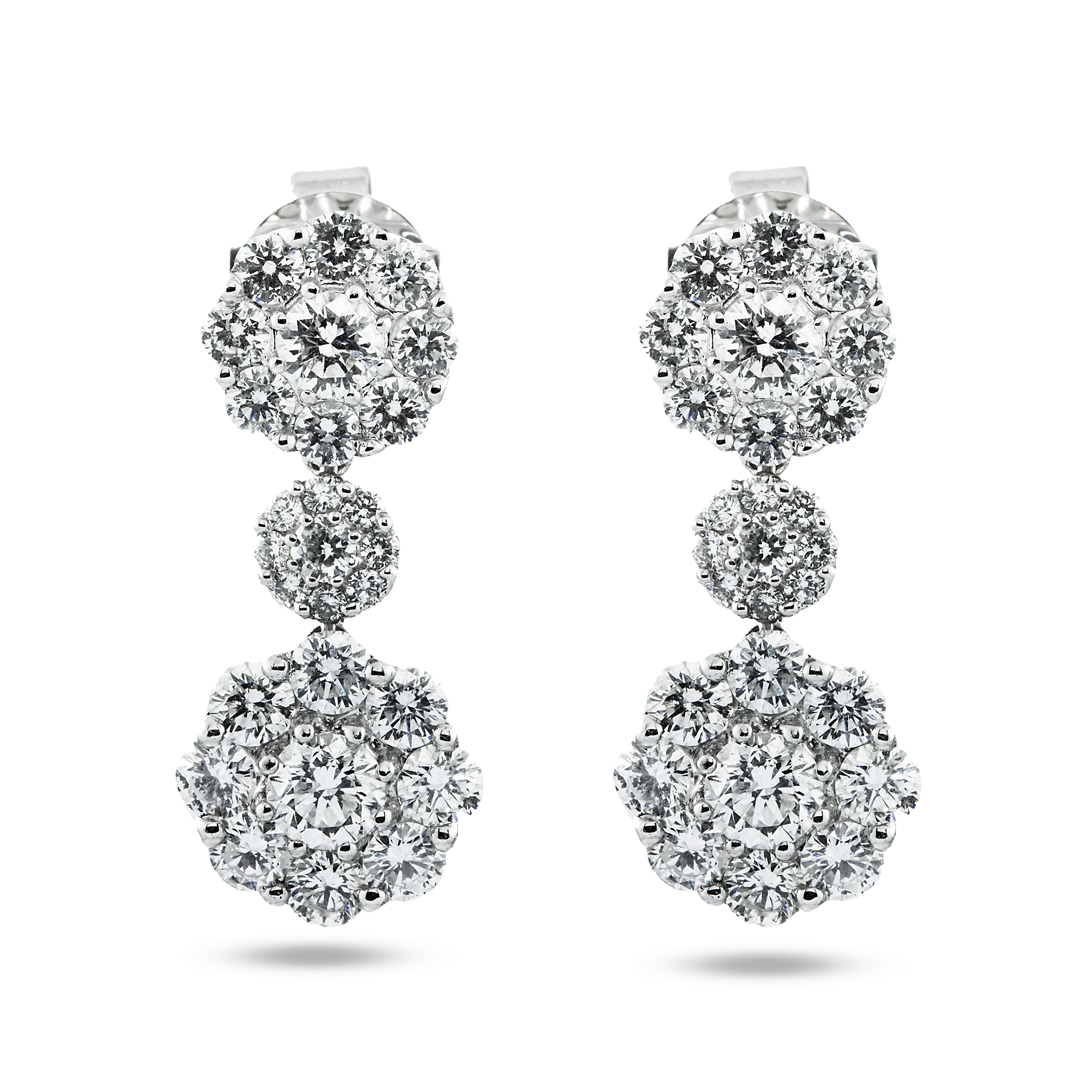 18K White Gold Three Tier Round Diamond Flower Drop Earrings 4.12ctw