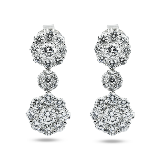 18K White Gold Three Tier Round Diamond Flower Drop Earrings 4.12ctw