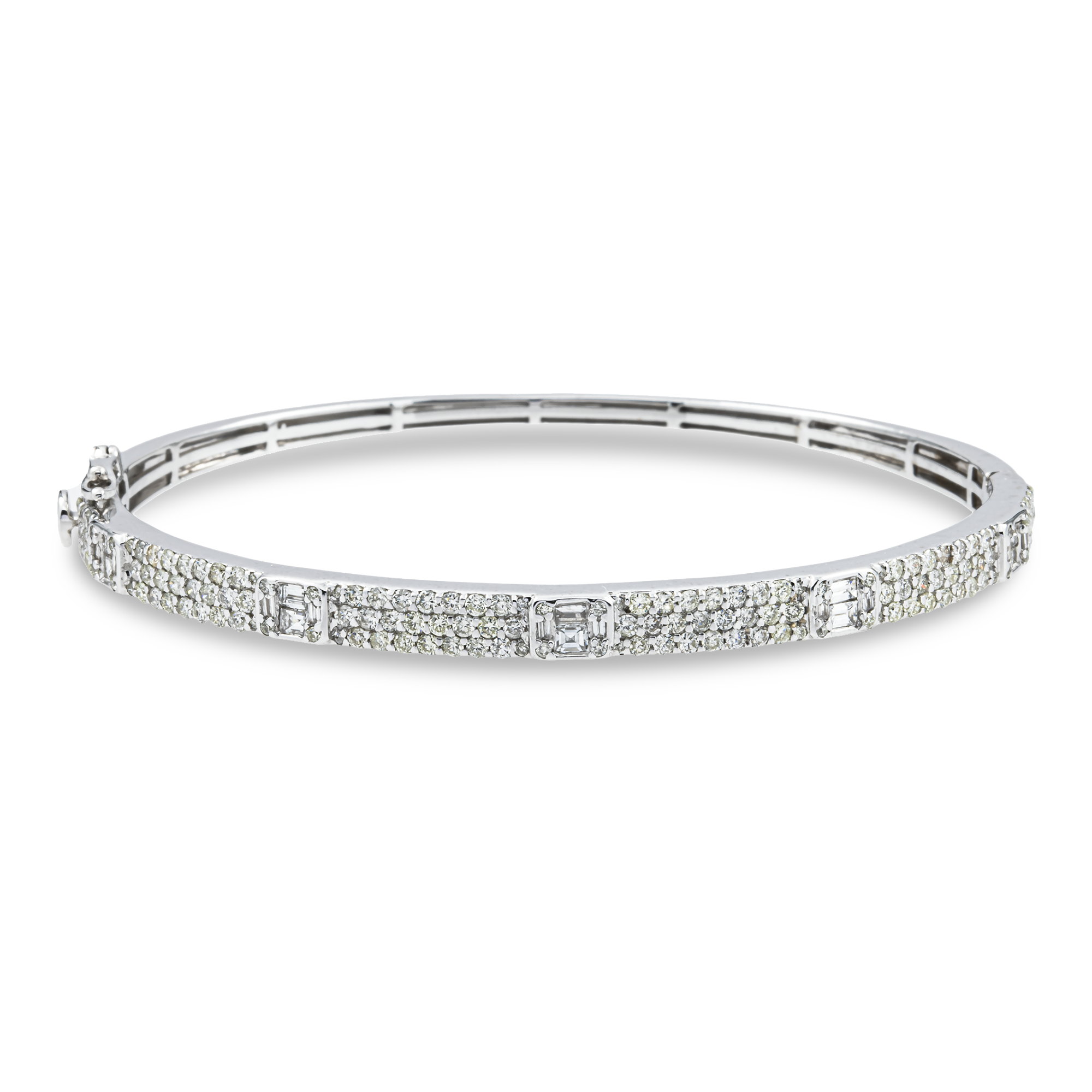 14K White Gold Round & Emerald Cut Diamond Bangle Bracelet 2.0ct